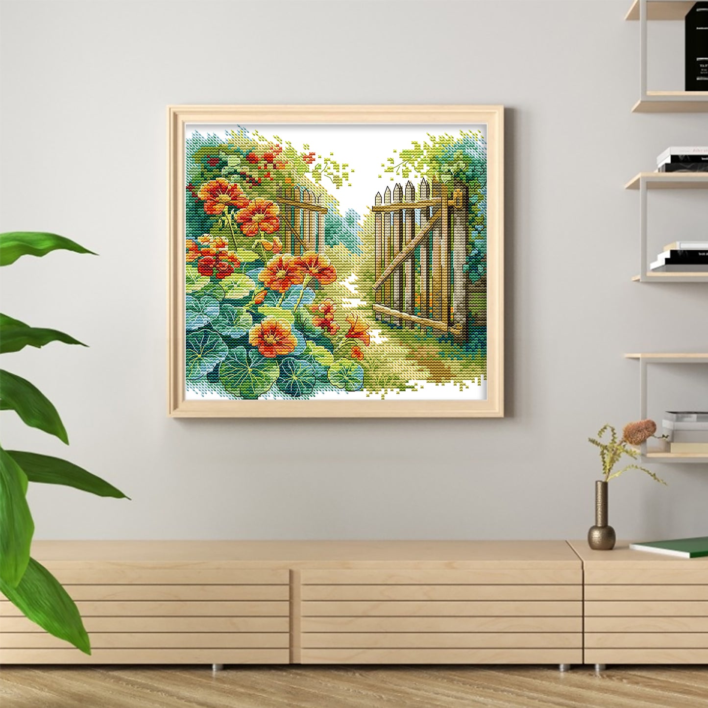 Flowers Beside Fence - Partial 14CT Stamped Cross Stitch 25x22CM - Joy Sunday Backstitch