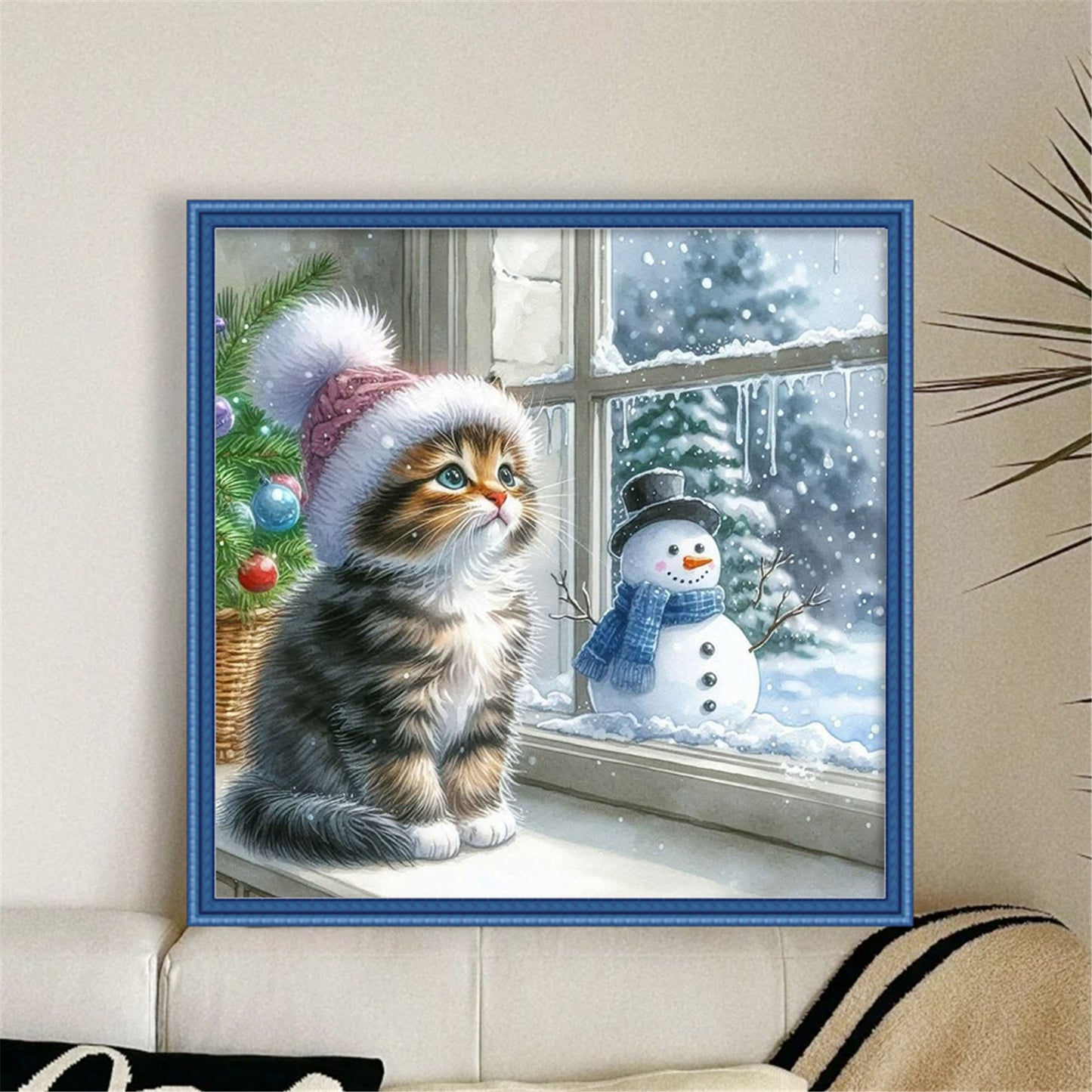 Cat And Snowman By Window - Full 11CT Stamped Cross Stitch 40x40CM - Yishu
