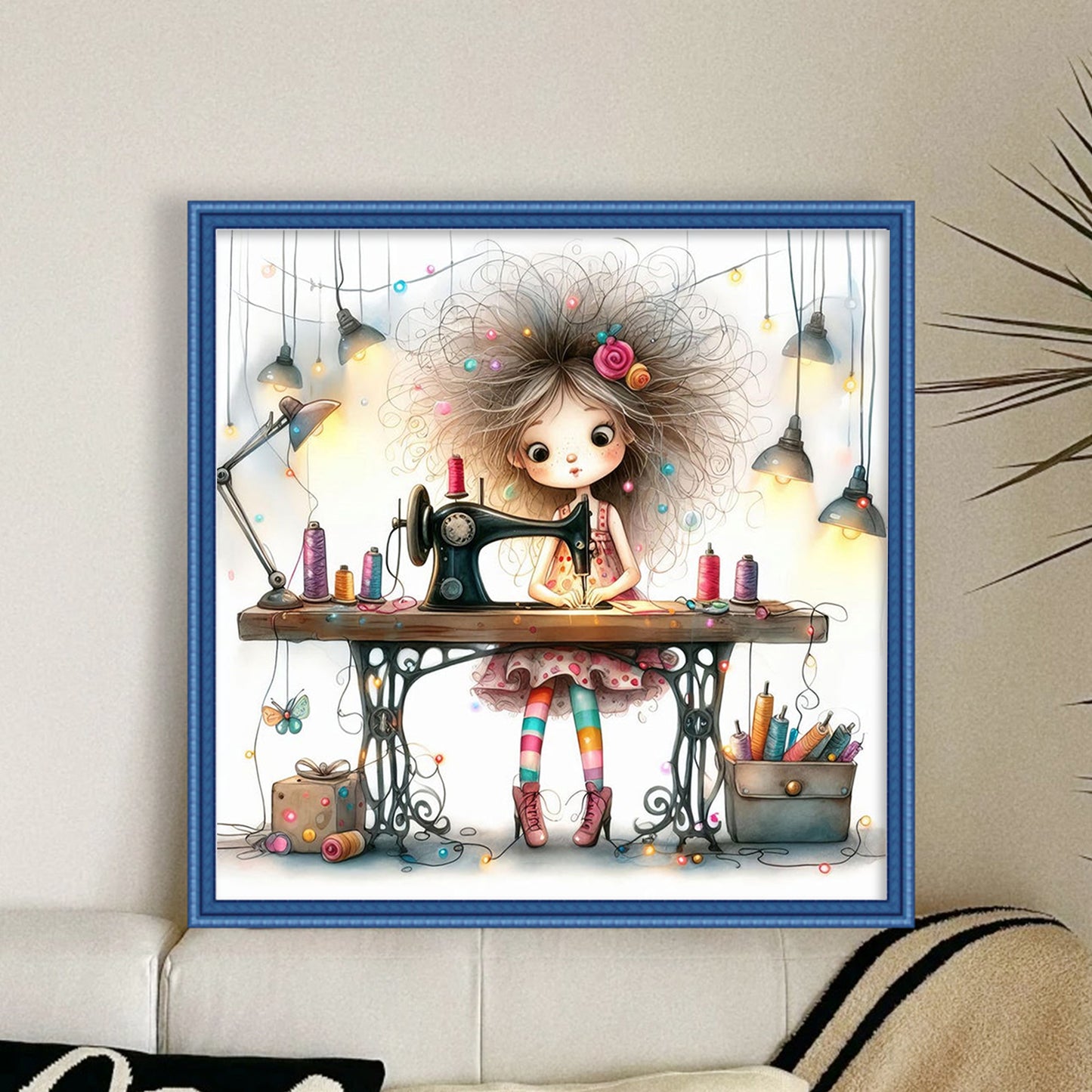 Whimsical Sewing Girl - Full 11CT Stamped Cross Stitch 40x40CM - Yishu