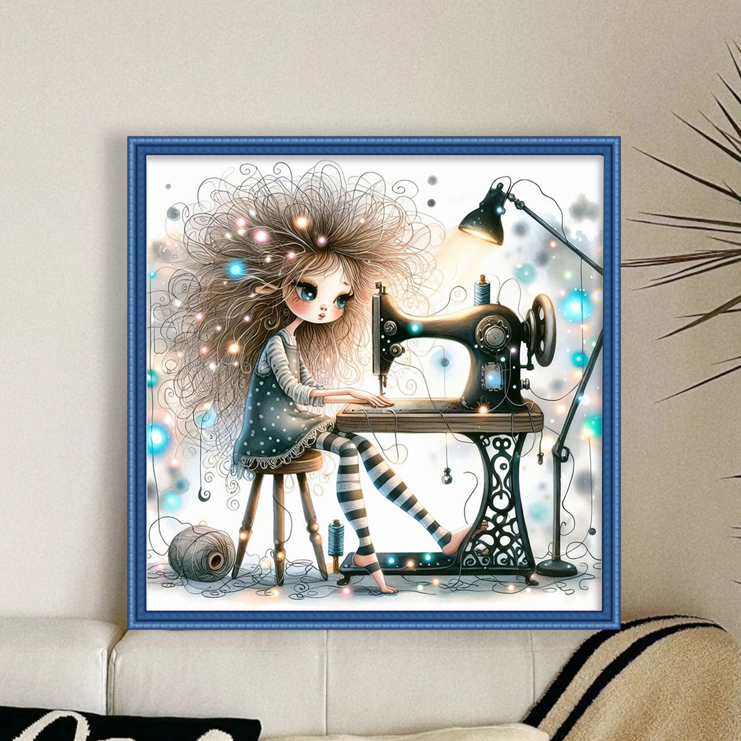 Whimsical Sewing Girl - Full 11CT Stamped Cross Stitch 40x40CM - Yishu