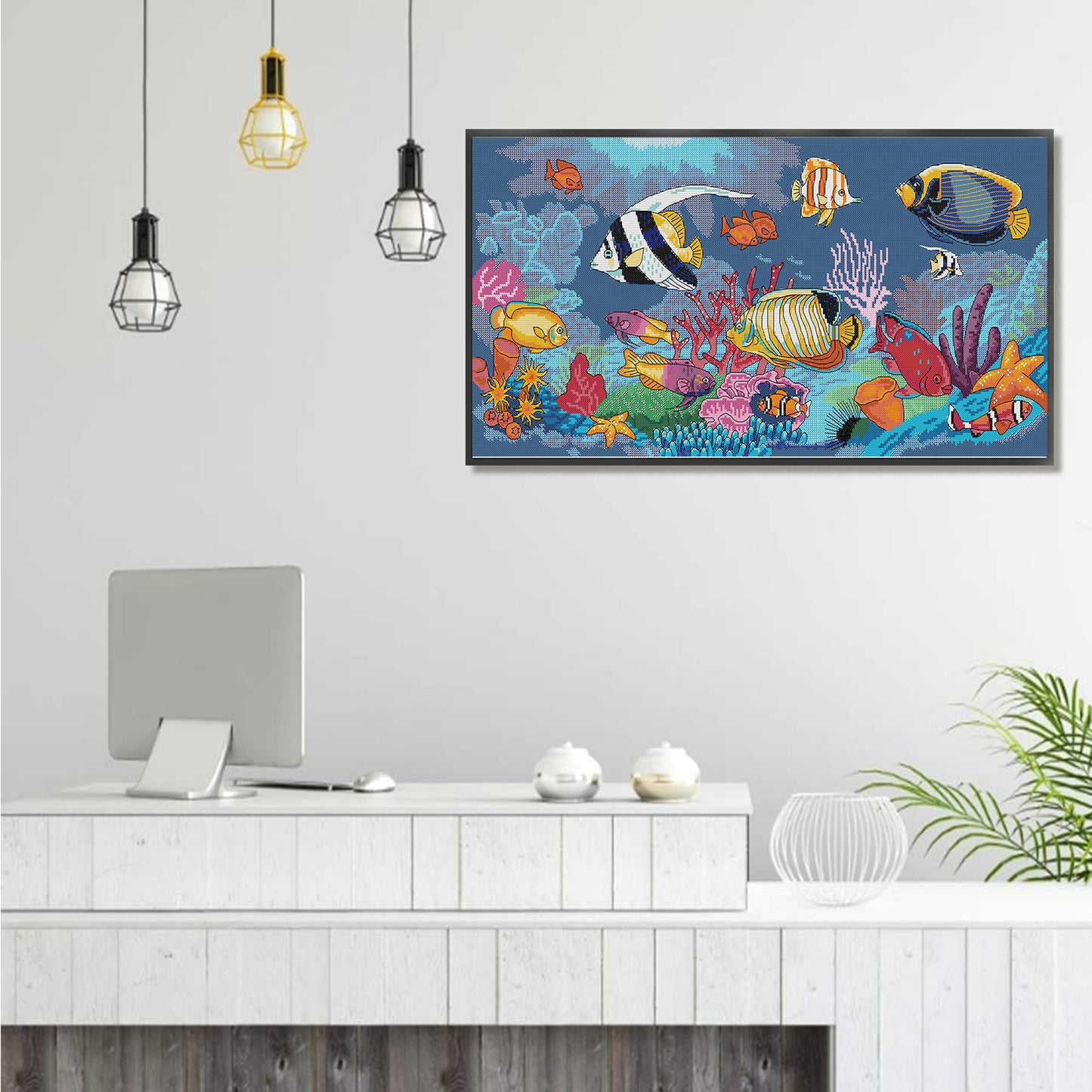 Tropical Fish - Full 14CT Stamped Cross Stitch 61x34CM - Joy Sunday Backstitch