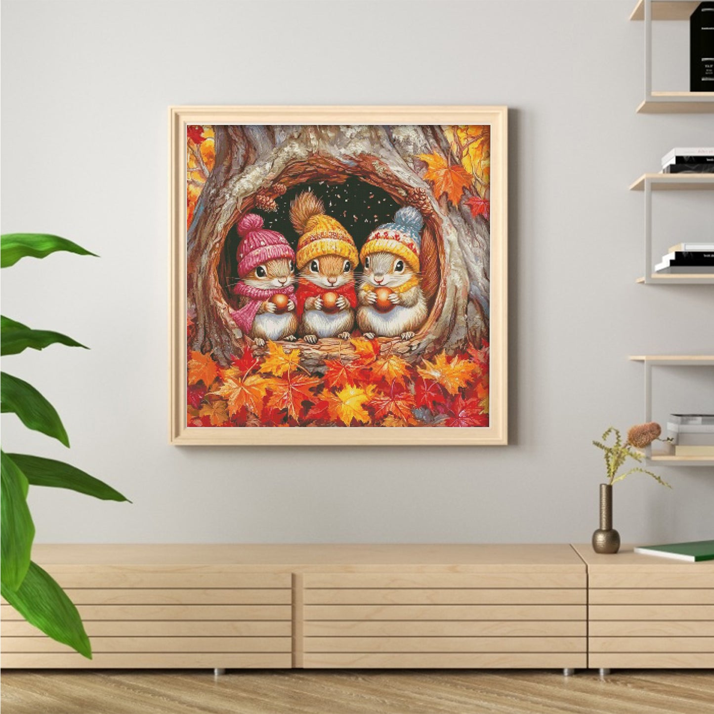 Three Little Squirrels In Autumn - Full 14CT Stamped Cross Stitch 65x65CM - Fairy Egyptian Cotton