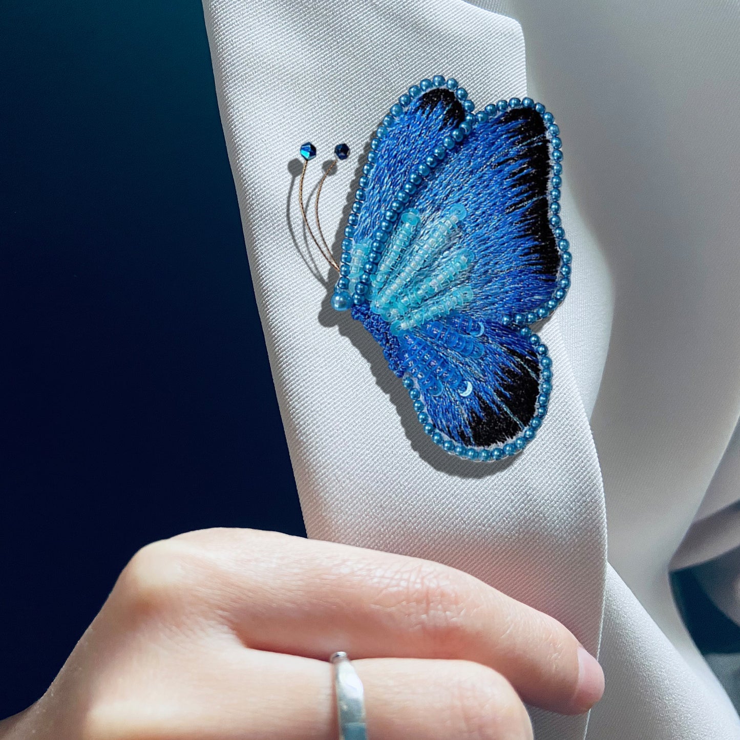 Butterfly Brooch DIY Beaded Embroidery Kit Beadwork Craft Supplies (Dark Blue)