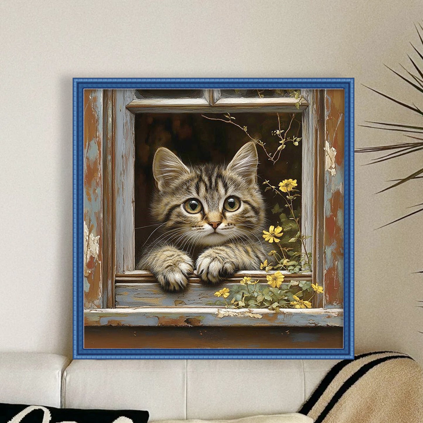 Cat By Window - Full 11CT Stamped Cross Stitch 40x40CM - Huacan