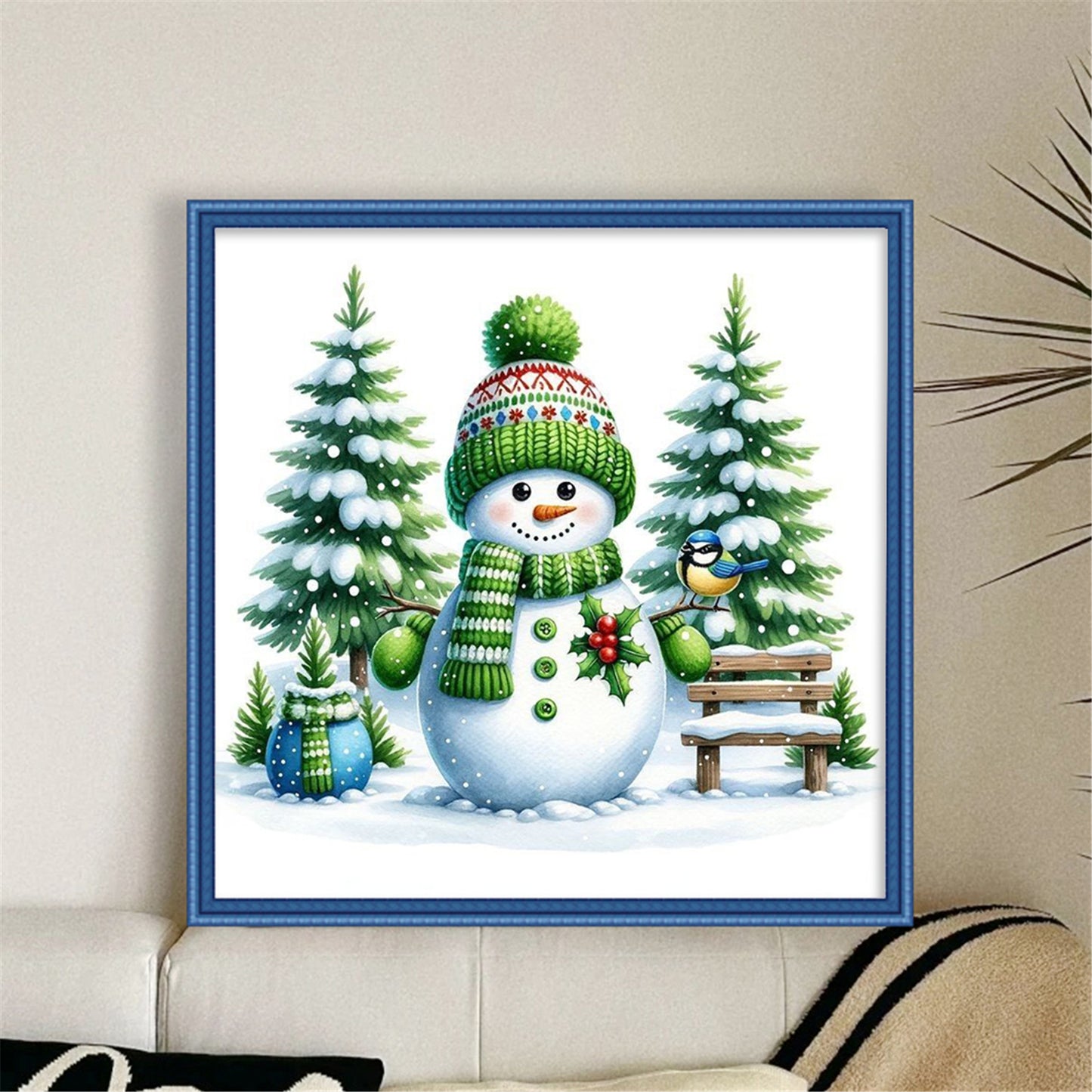 Christmas Tree & Snowman - Partial 11CT Stamped Cross Stitch - Bead Embroidery 36x36CM/14.17x14.17in