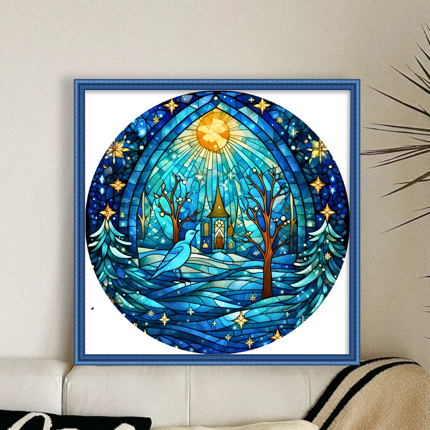 Glass Painting - Cottage And Bird - Full 14CT Stamped Cross Stitch 40x40CM - Huacan