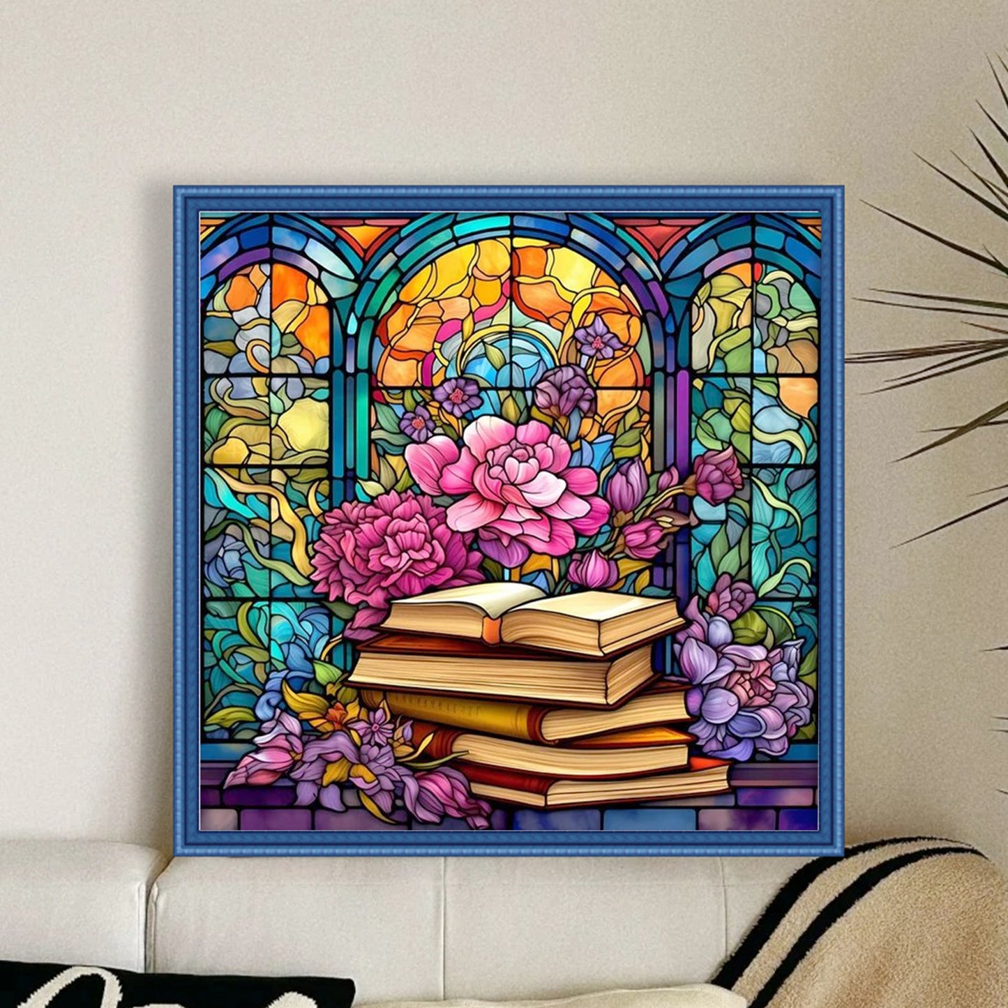 Glass Painting - Books And Flowers - Full 14CT Stamped Cross Stitch 40x40CM - Huacan