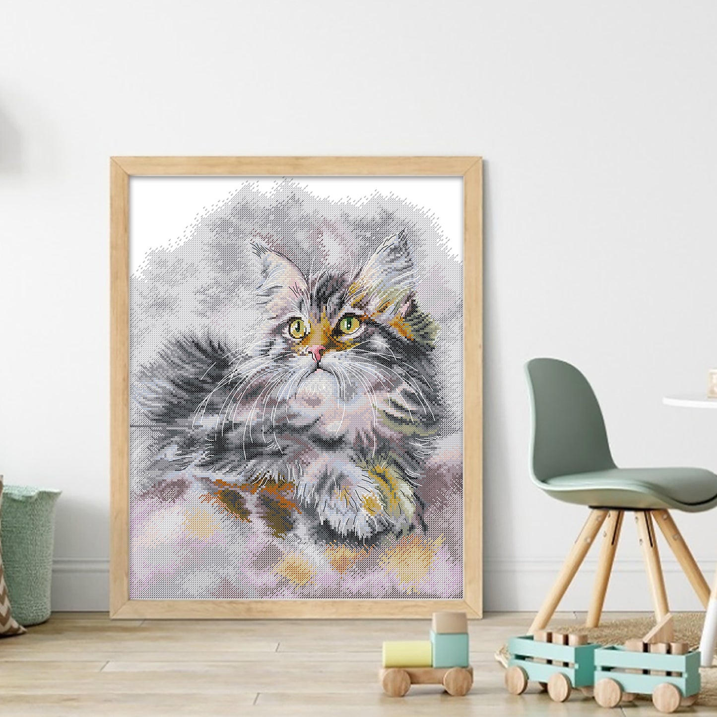 Fluffy Oil Painting Cat - Partial 14CT Stamped Cross Stitch 35x43CM - Joy Sunday Backstitch+Half Cross Stitch