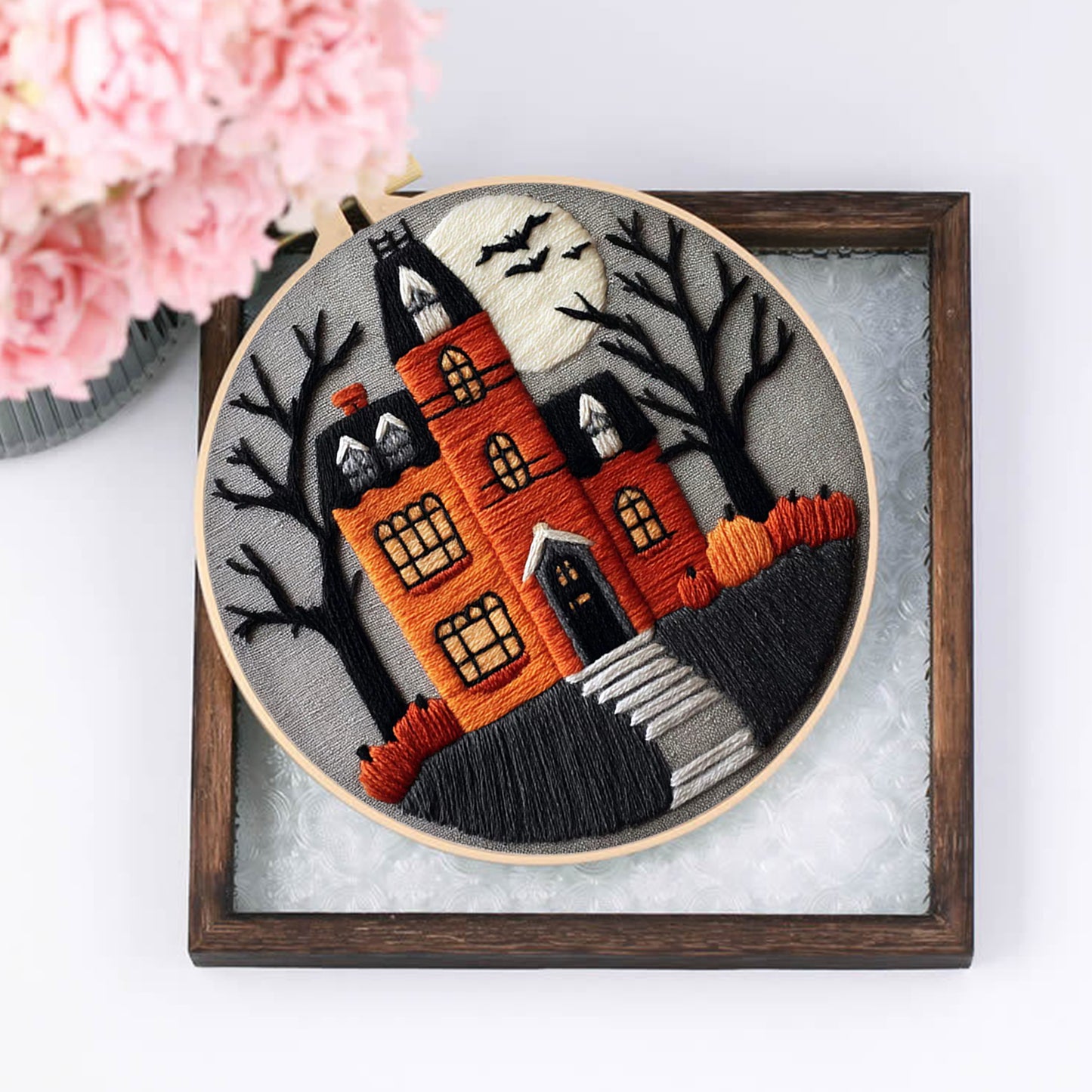 4PCS Halloween - DIY Embroidery Cross Stitch Kit with Pattern Cotton Threads Needles Hoop 25x25CM/9.84x9.84in
