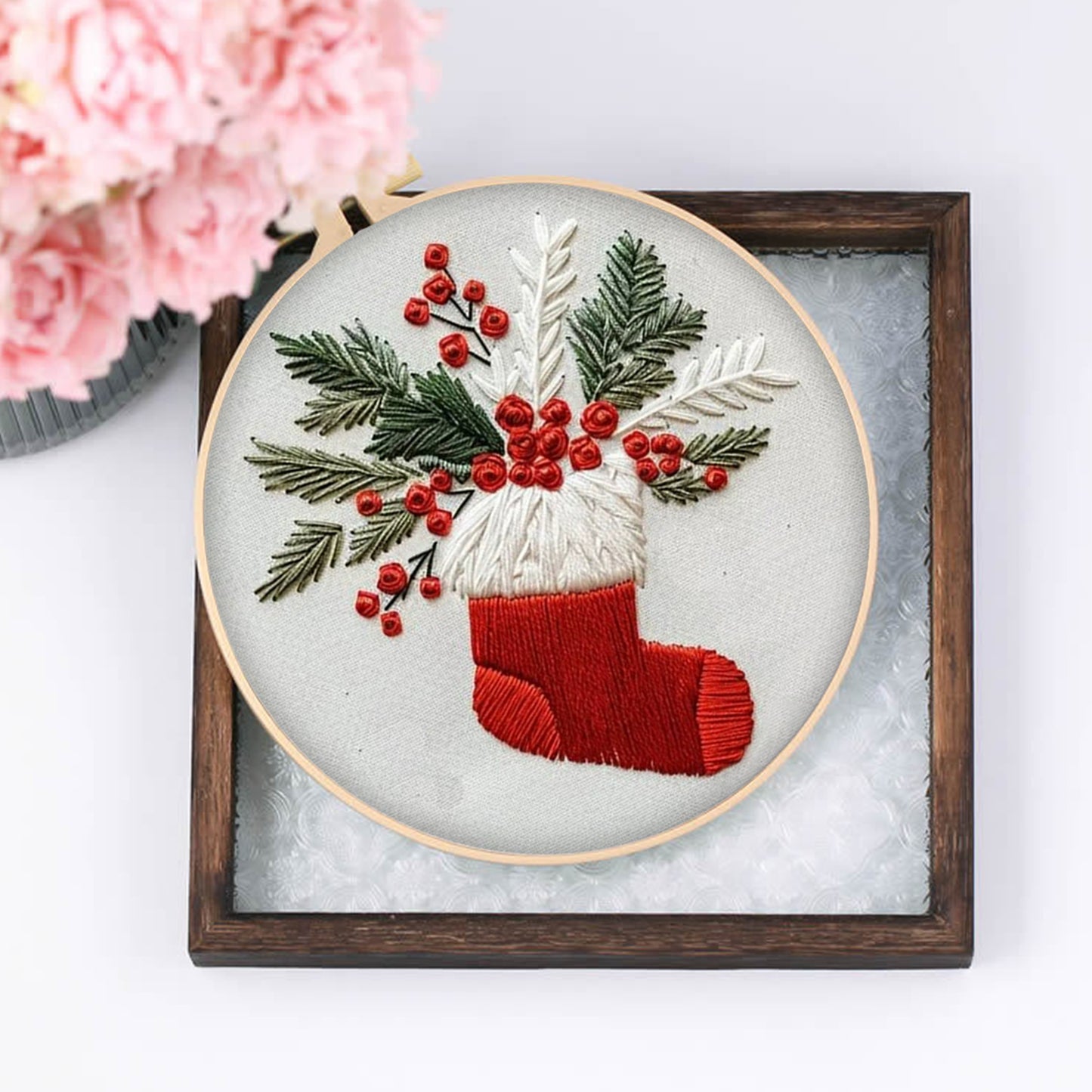 4PCS Christmas - DIY Embroidery Cross Stitch Kit with Pattern Cotton Threads Needles Hoop 25x25CM/9.84x9.84in