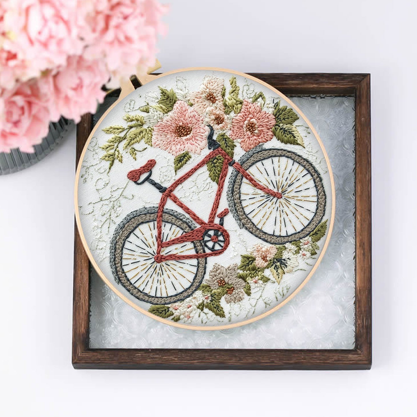 4PCS Bicycle - DIY Embroidery Cross Stitch Kit with Pattern Cotton Threads Needles Hoop 25x25CM/9.84x9.84in