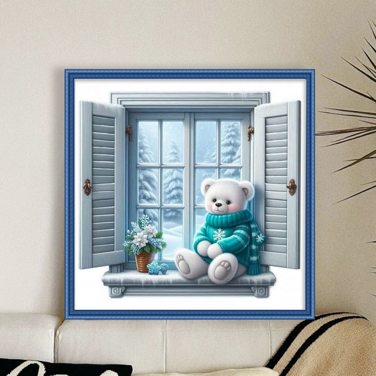 Winter Window Sill Bear - Full 11CT Stamped Cross Stitch 40x40CM - Huacan