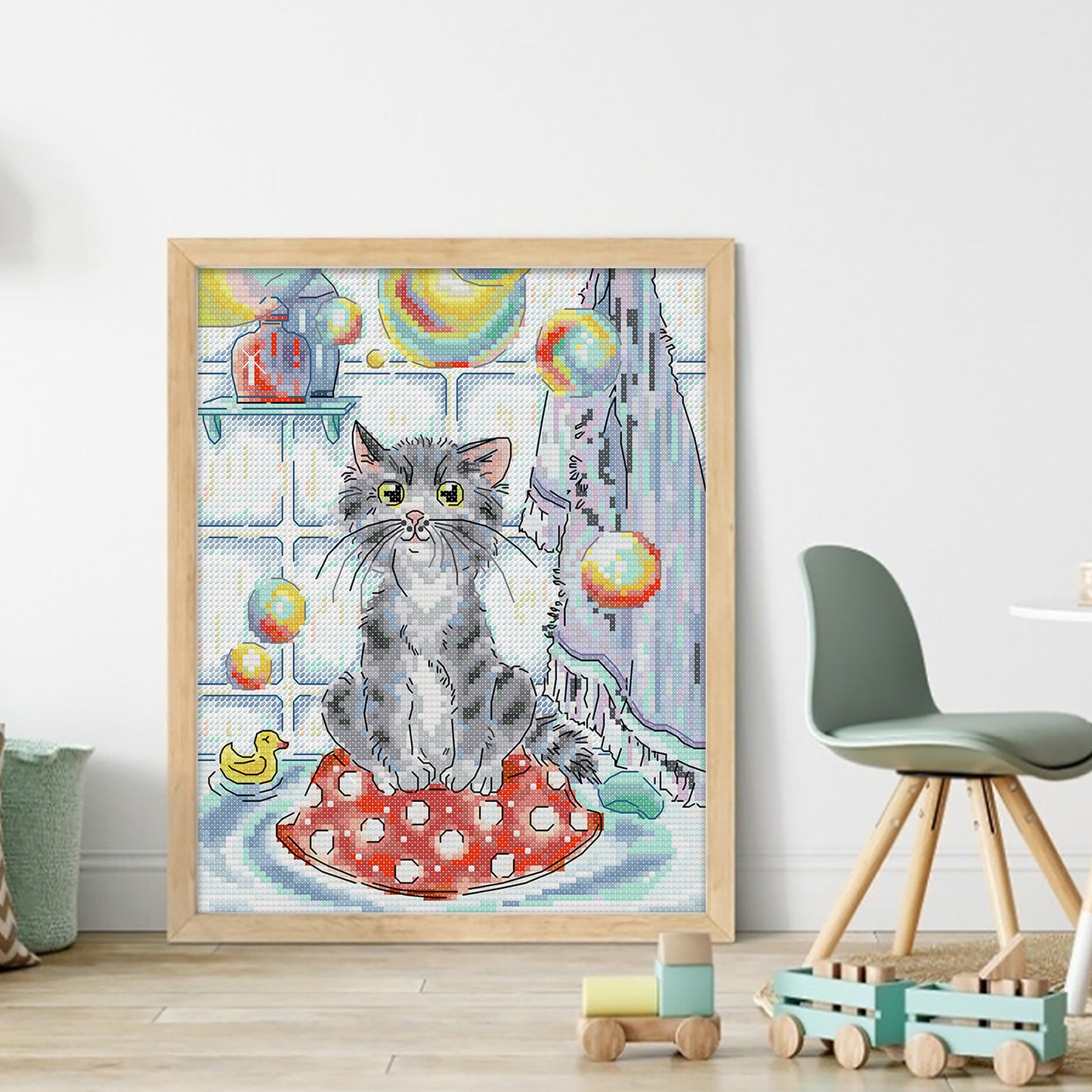 Cat And Soap Bubbles - Full 14CT Stamped Cross Stitch 21x27CM - Joy Sunday Backstitch