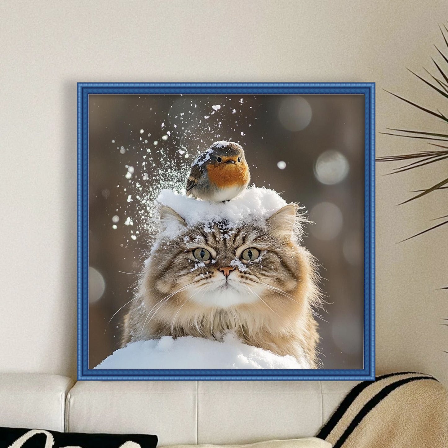 Cat And Bird - Full 11CT Stamped Cross Stitch 40x40CM - Huacan