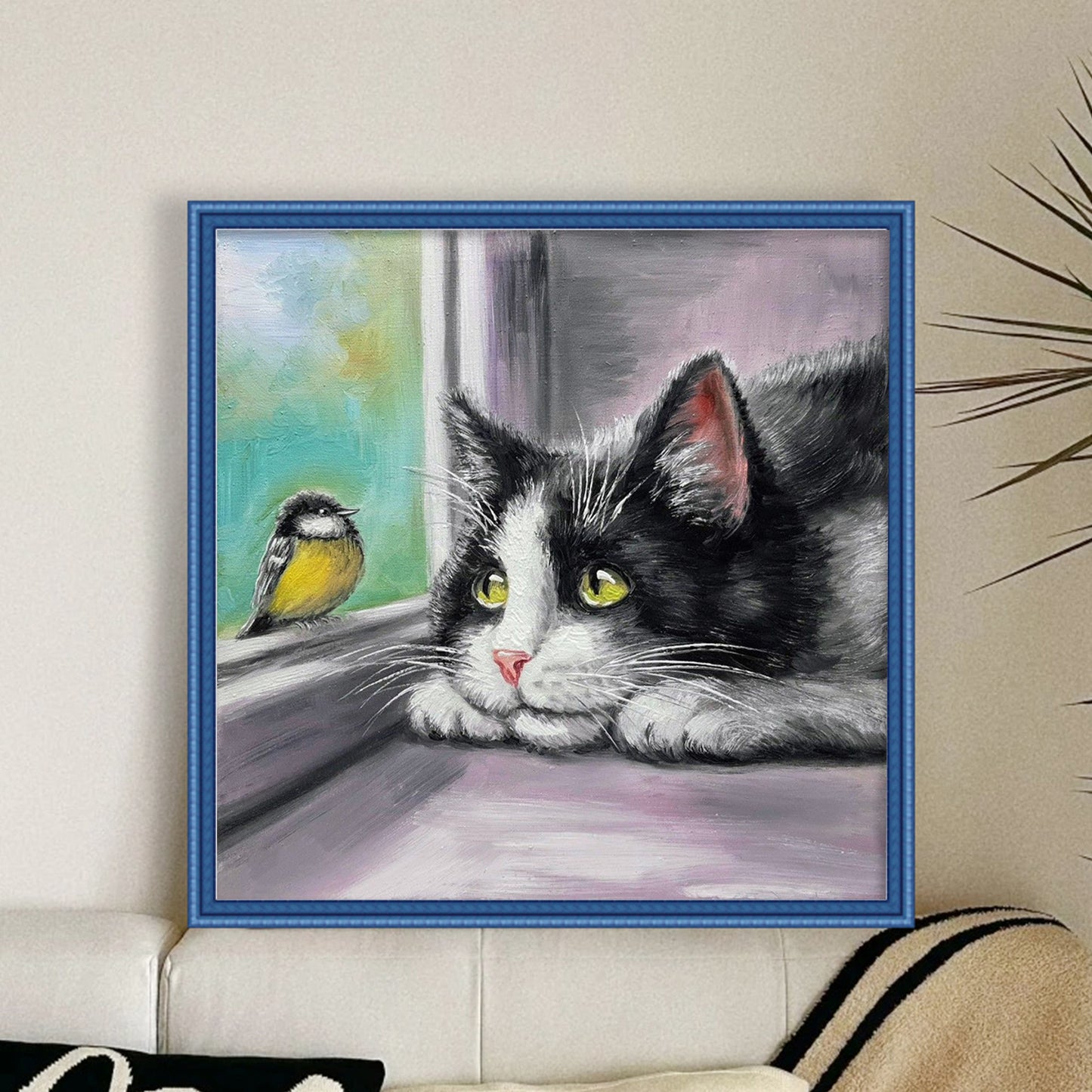 Cat And Bird - Full 11CT Stamped Cross Stitch 40x40CM - Huacan