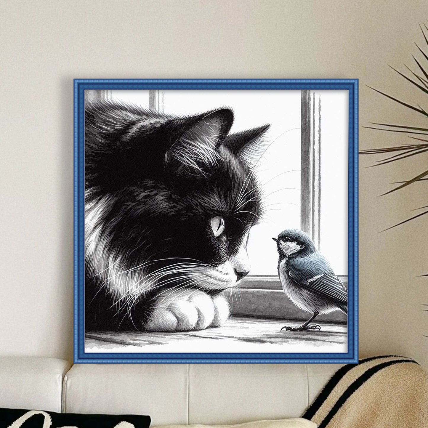 Cat And Bird - Full 11CT Stamped Cross Stitch 40x40CM - Huacan