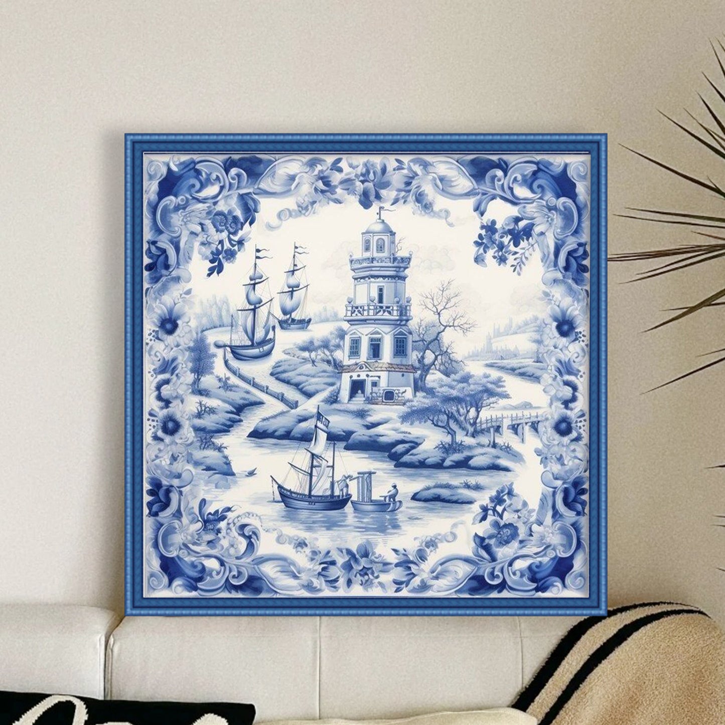 Blue And White Lighthouse - Full 11CT Stamped Cross Stitch 50x50CM - Huacan