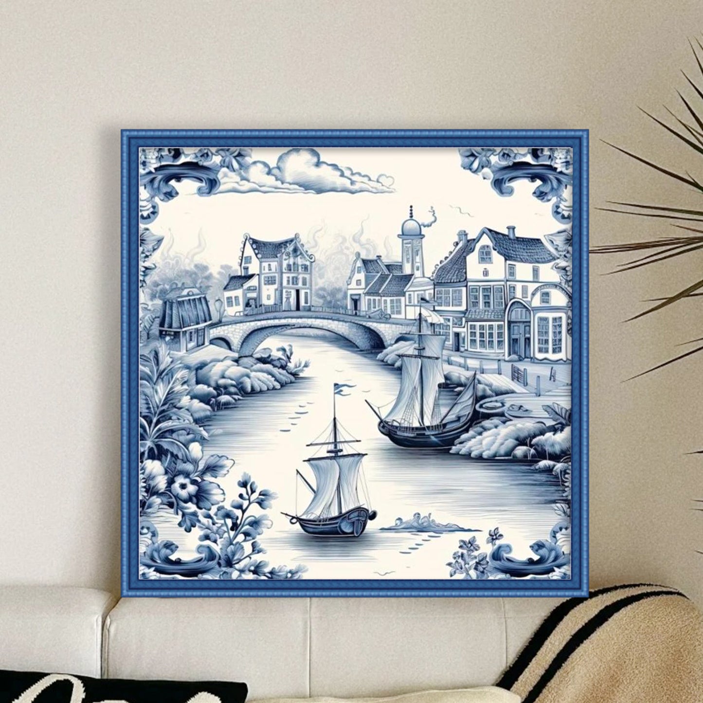 Blue And White Coastal Town - Full 11CT Stamped Cross Stitch 50x50CM - Huacan