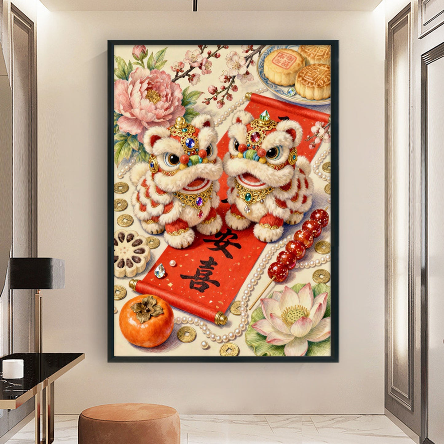 Auspicious Lion Offering Gifts - Full 11CT Stamped Cross Stitch 50x70CM - Mona Lisa