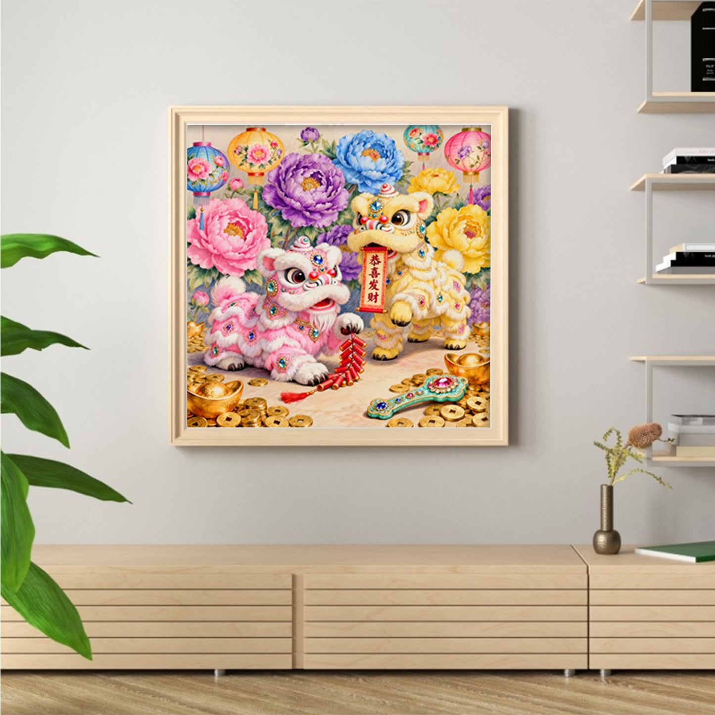 Double Lions Gathering Wealth - Full 11CT Stamped Cross Stitch 65x65CM - Mona Lisa