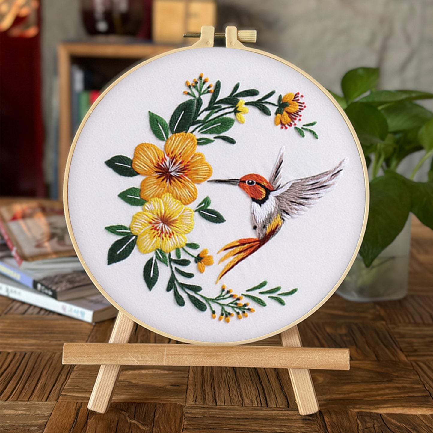 4PCS Nectar-Feeding Hummingbird - DIY Embroidery Cross Stitch Kit with Pattern Cotton Threads Needles Hoop 30x30CM/11.81x11.81in