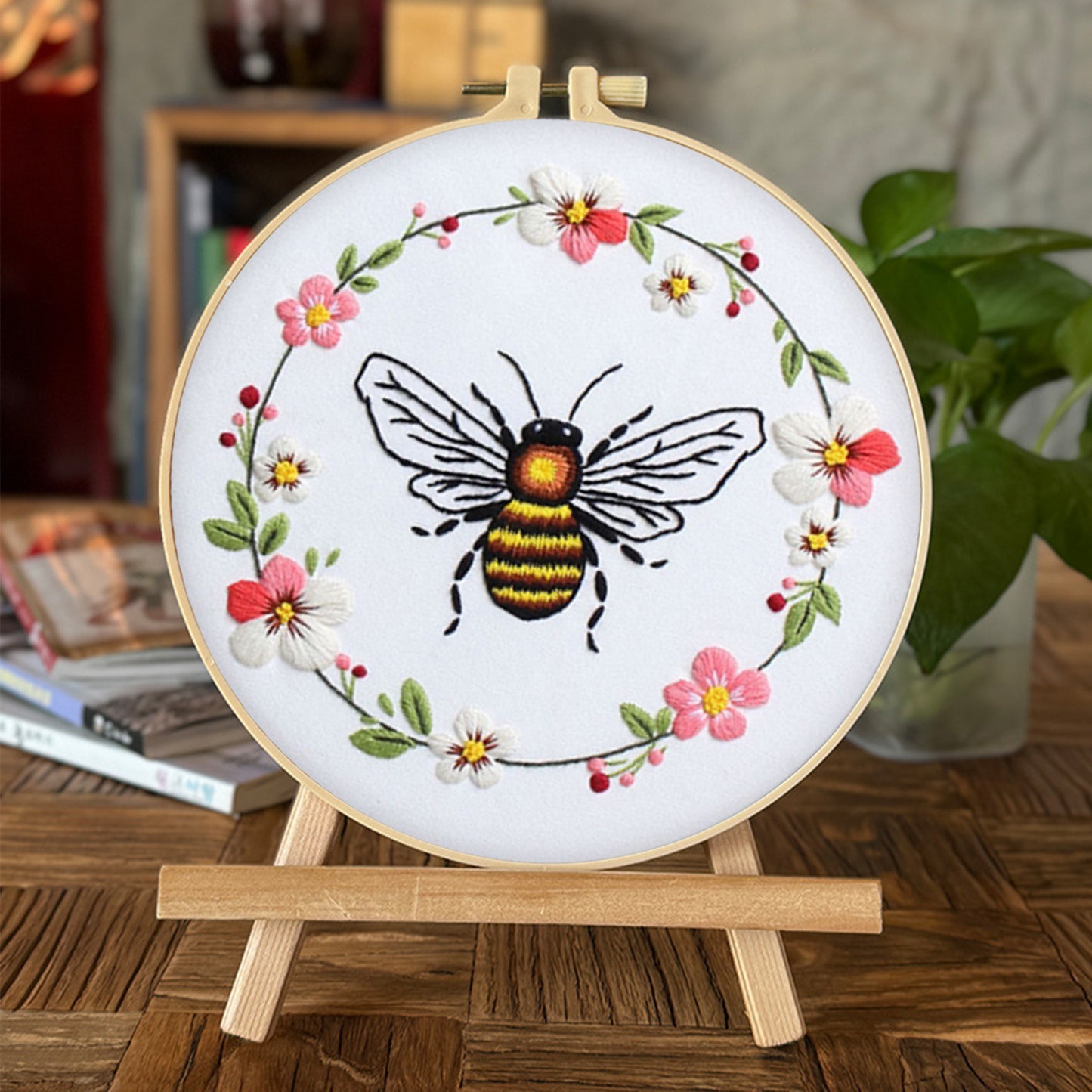 4PCS Bee & Flowers - DIY Embroidery Cross Stitch Kit with Pattern Cotton Threads Needles Hoop 30x30CM/11.81x11.81in