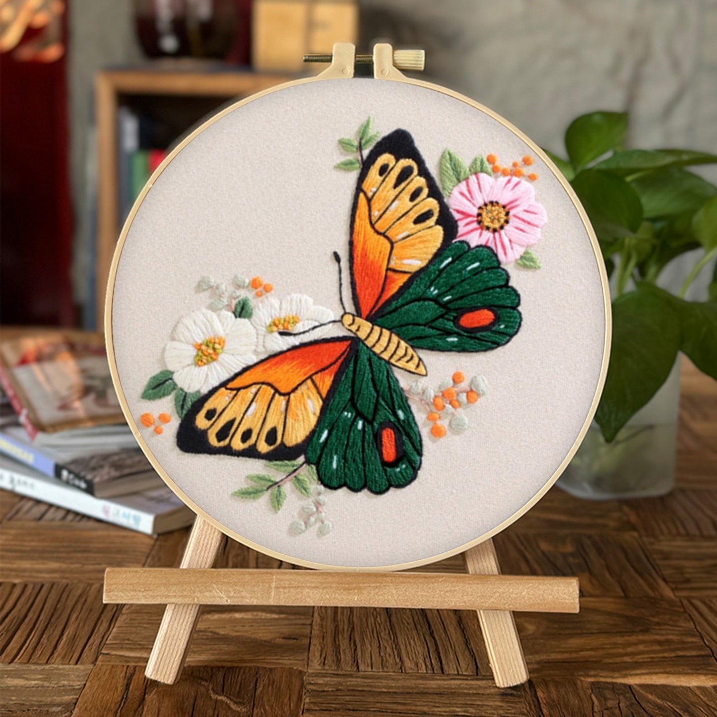 4PCS Colorful Butterflies - DIY Embroidery Cross Stitch Kit with Pattern Cotton Threads Needles Hoop 30x30CM/11.81x11.81in
