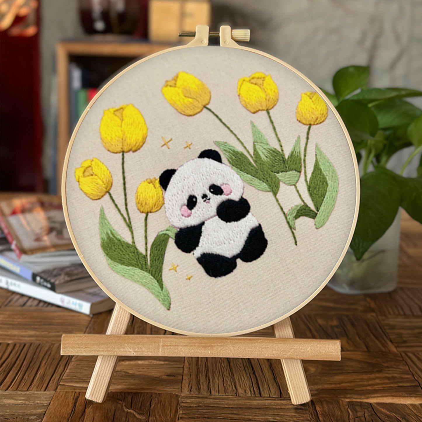 4PCS Panda & Flowers - DIY Embroidery Cross Stitch Kit with Pattern Cotton Threads Needles Hoop 30x30CM/11.81x11.81in