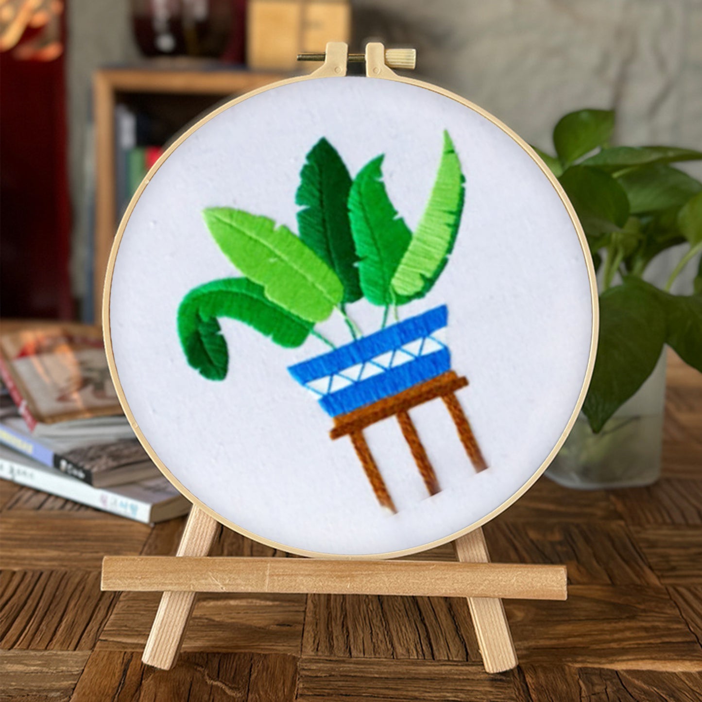 4PCS Green Plants - DIY Embroidery Cross Stitch Kit with Pattern Cotton Threads Needles Hoop 30x30CM/11.81x11.81in