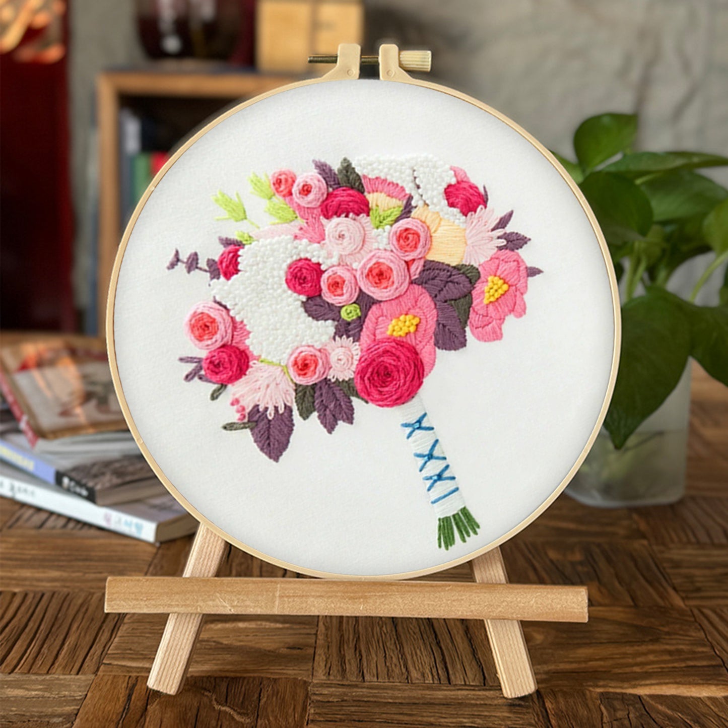 4PCS Rose Bouquet - DIY Embroidery Cross Stitch Kit with Pattern Cotton Threads Needles Hoop 30x30CM/11.81x11.81in