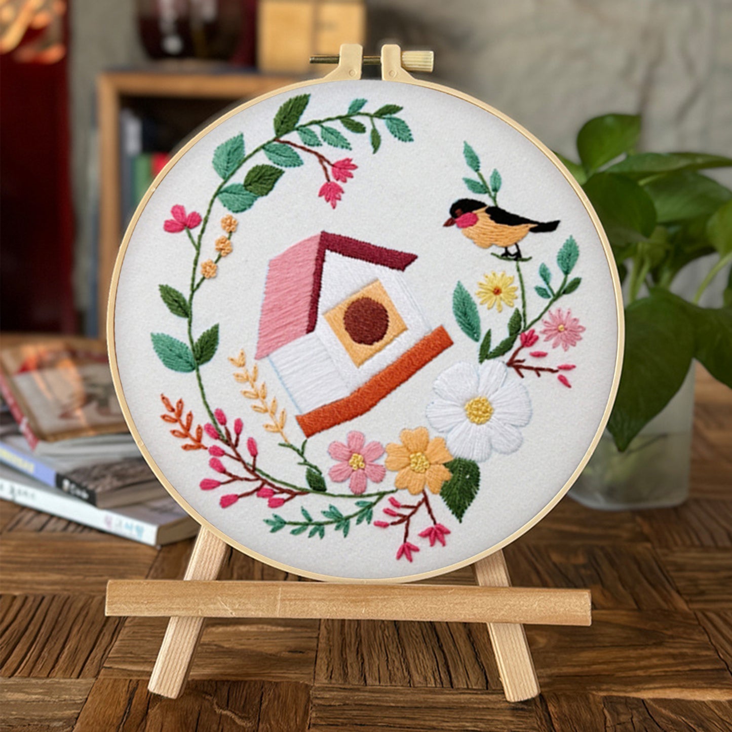 4PCS Bird House - DIY Embroidery Cross Stitch Kit with Pattern Cotton Threads Needles Hoop 30x30CM/11.81x11.81in
