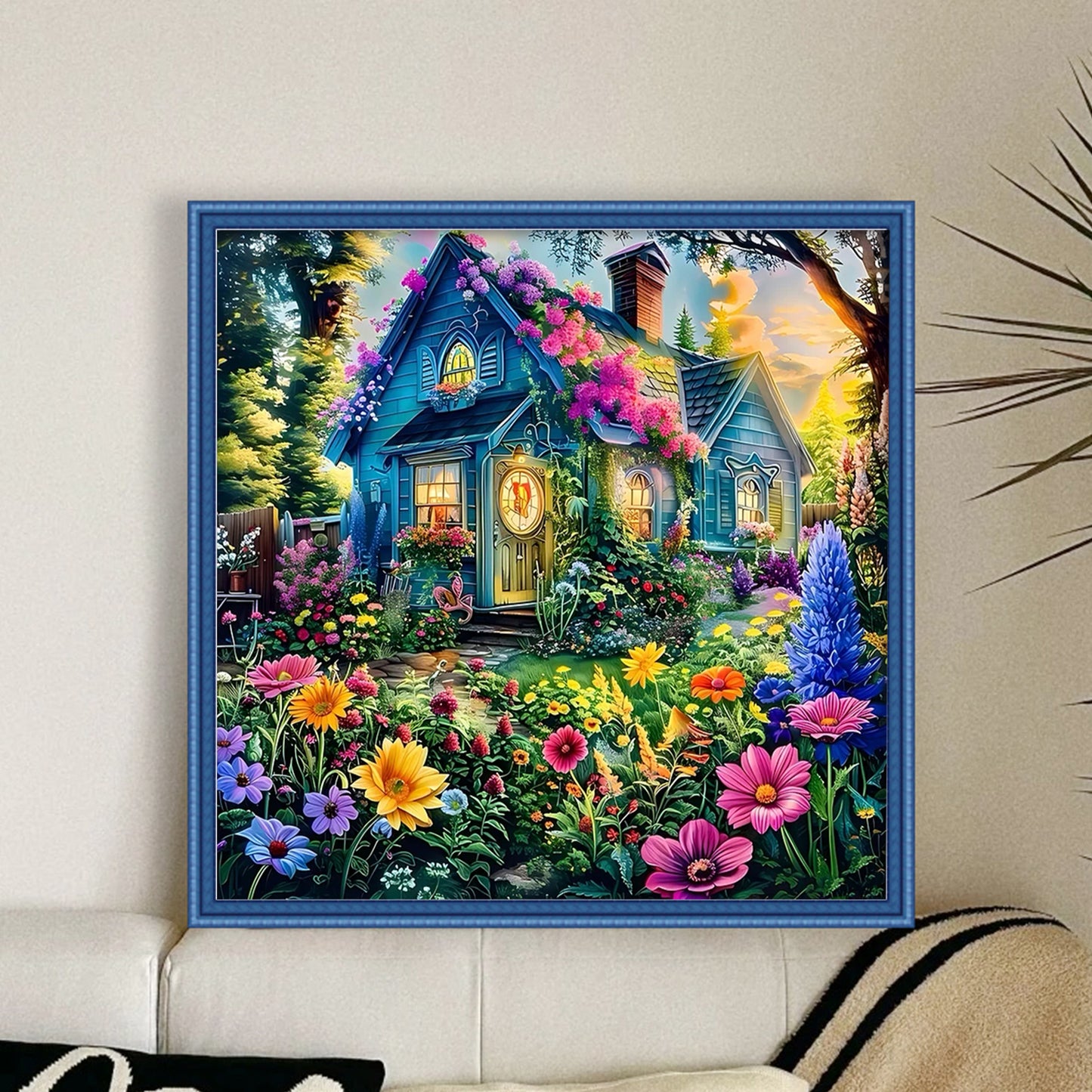 Flower And Grass Hut - Full 14CT Stamped Cross Stitch 50x50CM - Huacan