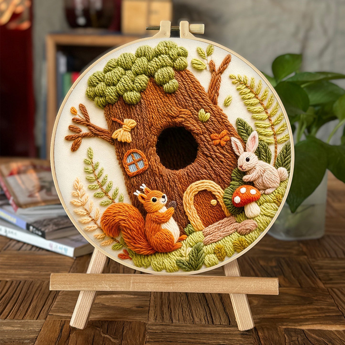 Tree House Friends - DIY Embroidery Cross Stitch Kit with Pattern Cotton Threads Needles Hoop 29x29CM/11.42x11.42in