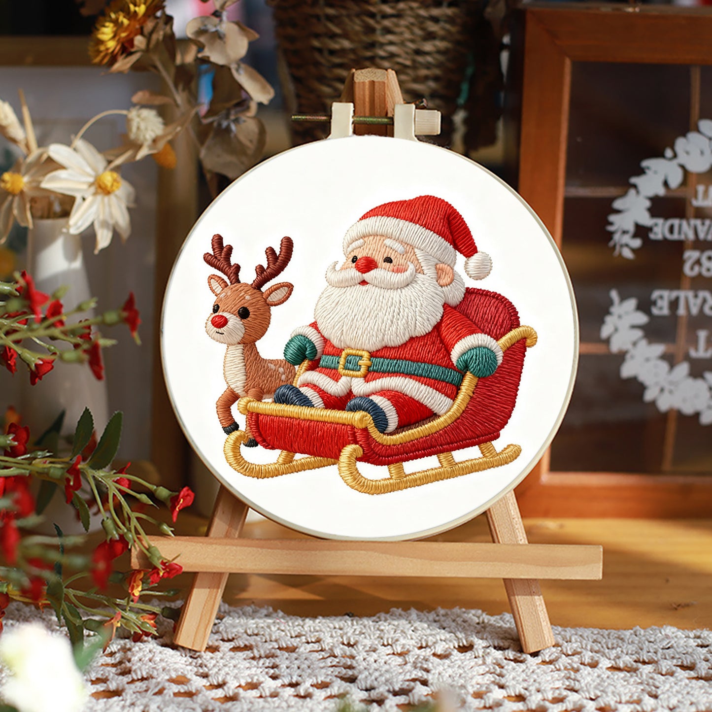 Christmas - DIY Embroidery Cross Stitch Kit with Pattern Cotton Threads Needles Hoop 29x29CM/11.42x11.42in
