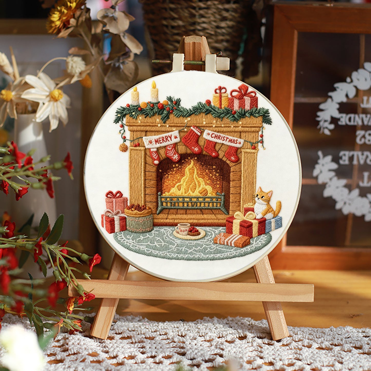 Christmas - DIY Embroidery Cross Stitch Kit with Pattern Cotton Threads Needles Hoop 29x29CM/11.42x11.42in