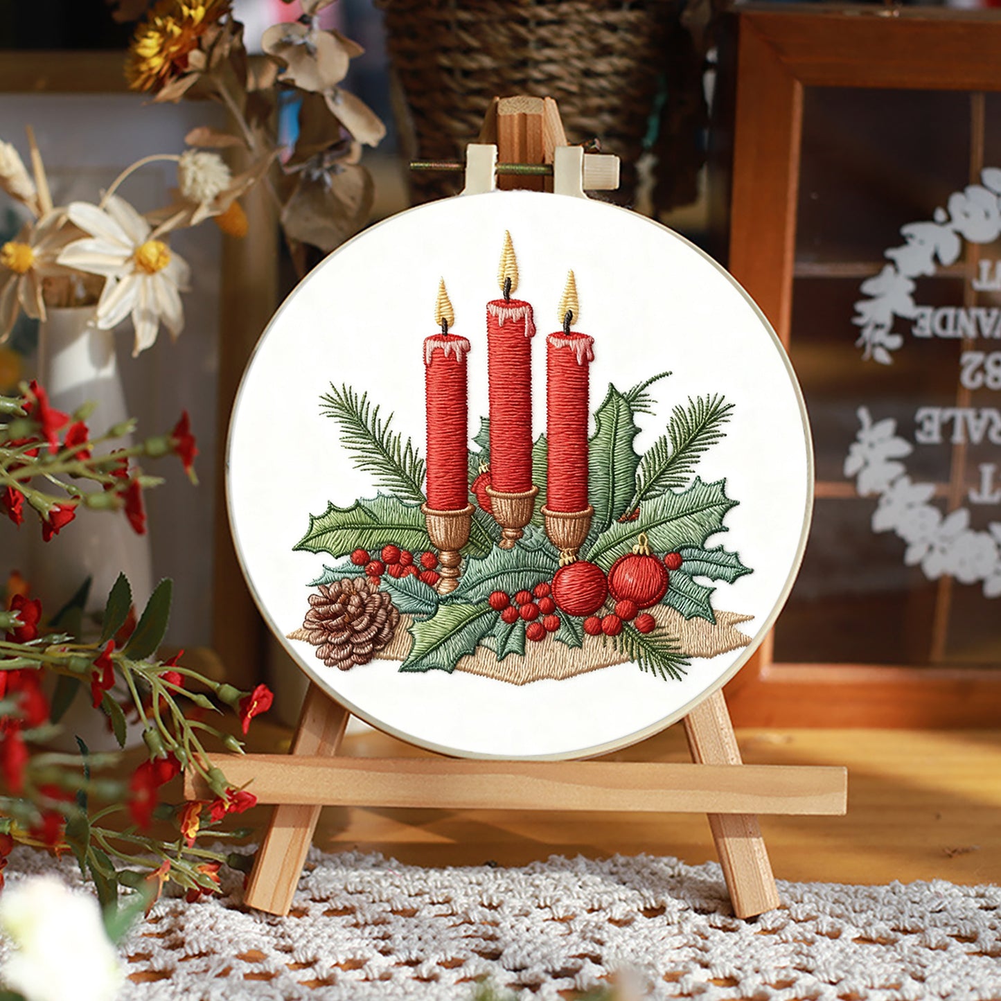Christmas - DIY Embroidery Cross Stitch Kit with Pattern Cotton Threads Needles Hoop 29x29CM/11.42x11.42in