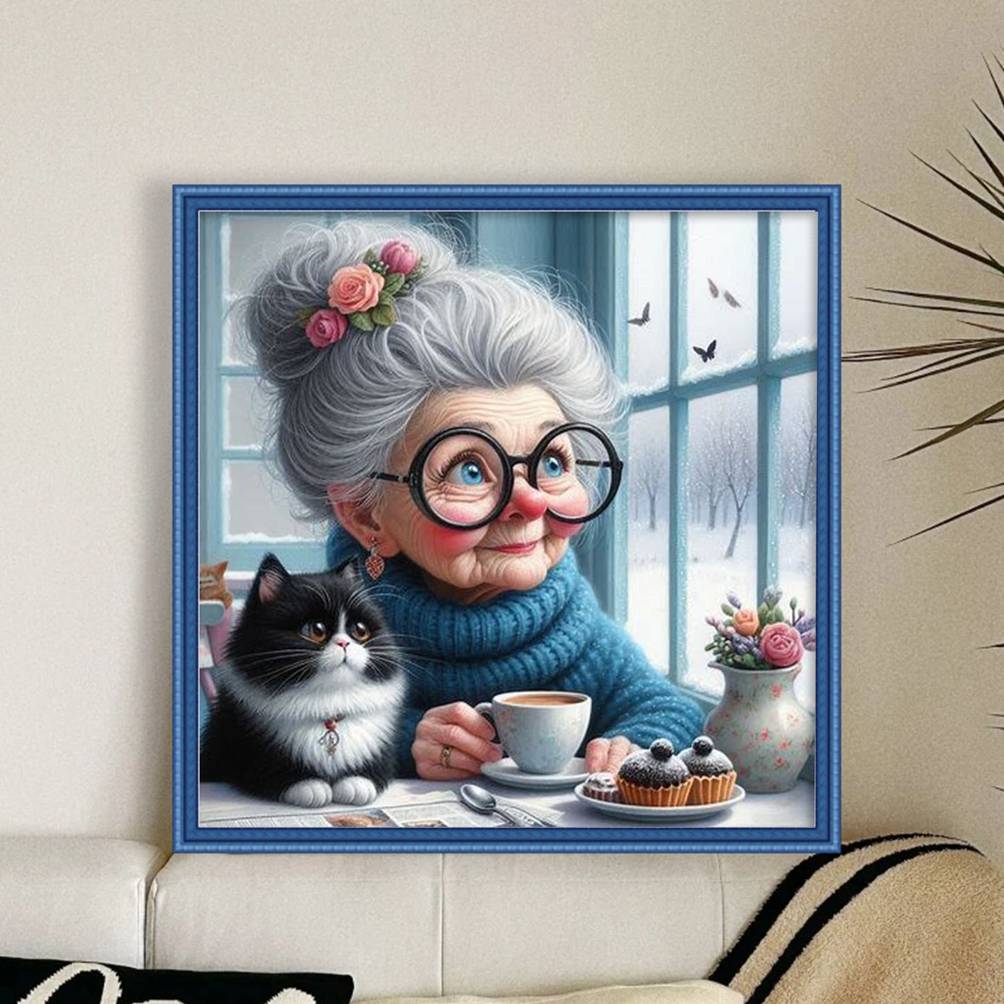 Grandma And Cat By The Window - Full 11CT Stamped Cross Stitch 45x45CM - Huacan
