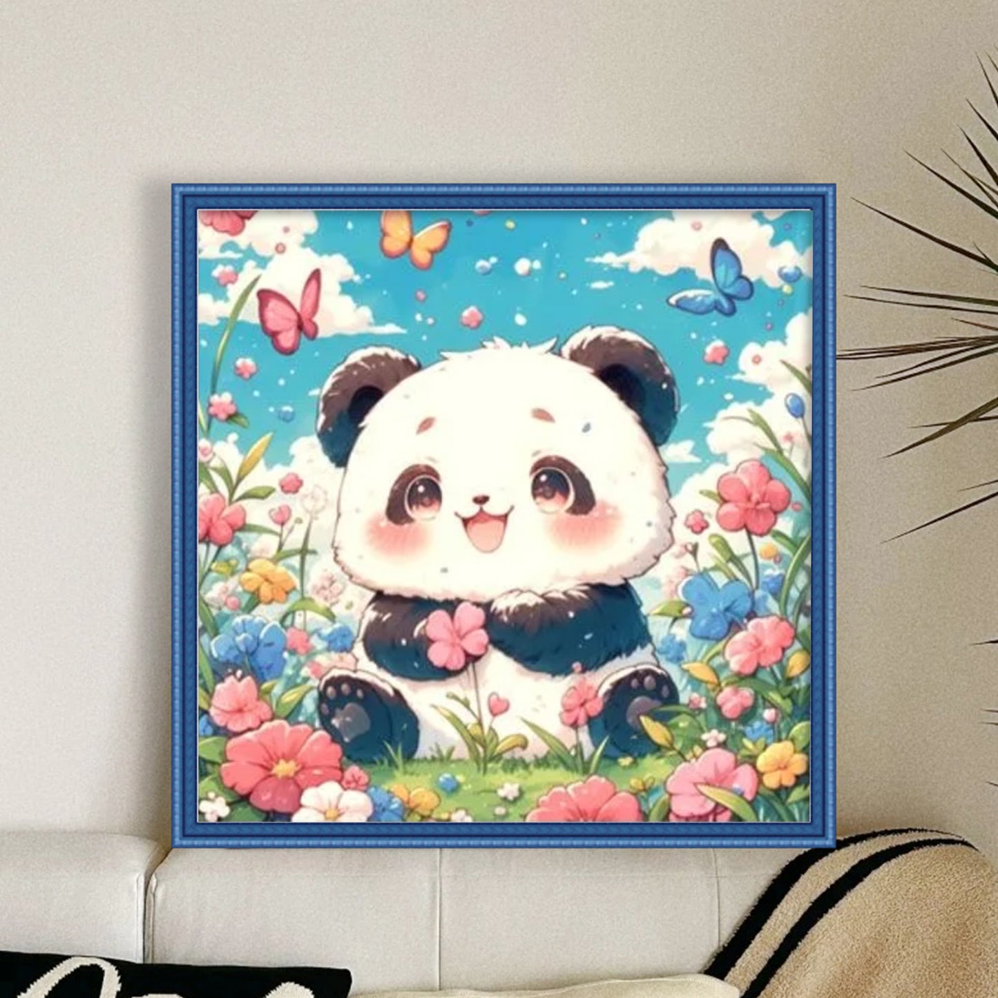 Flower And Grass Panda - Full 14CT Stamped Cross Stitch 50x50CM - Huacan