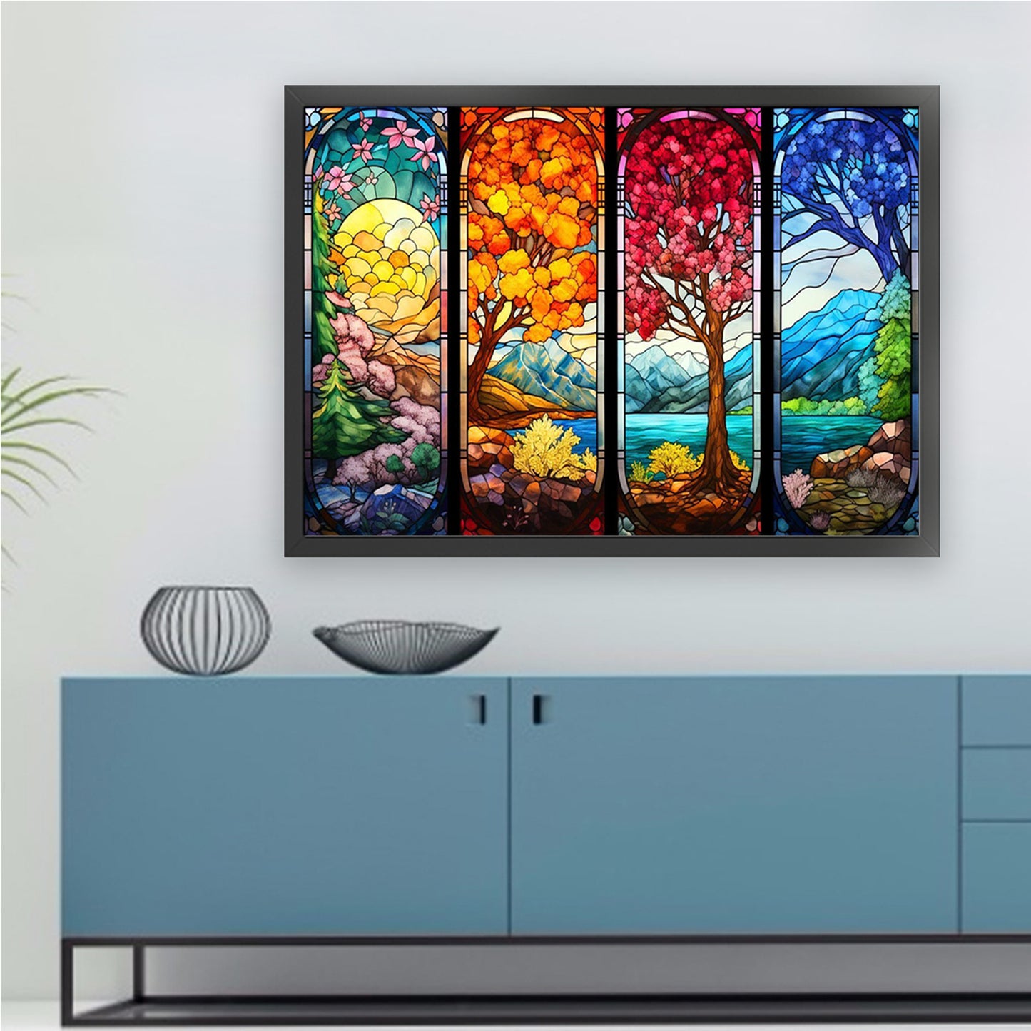 Stained Glass - Four Seasons Scenery - Full 11CT Stamped Cross Stitch 80x60CM - Huacan