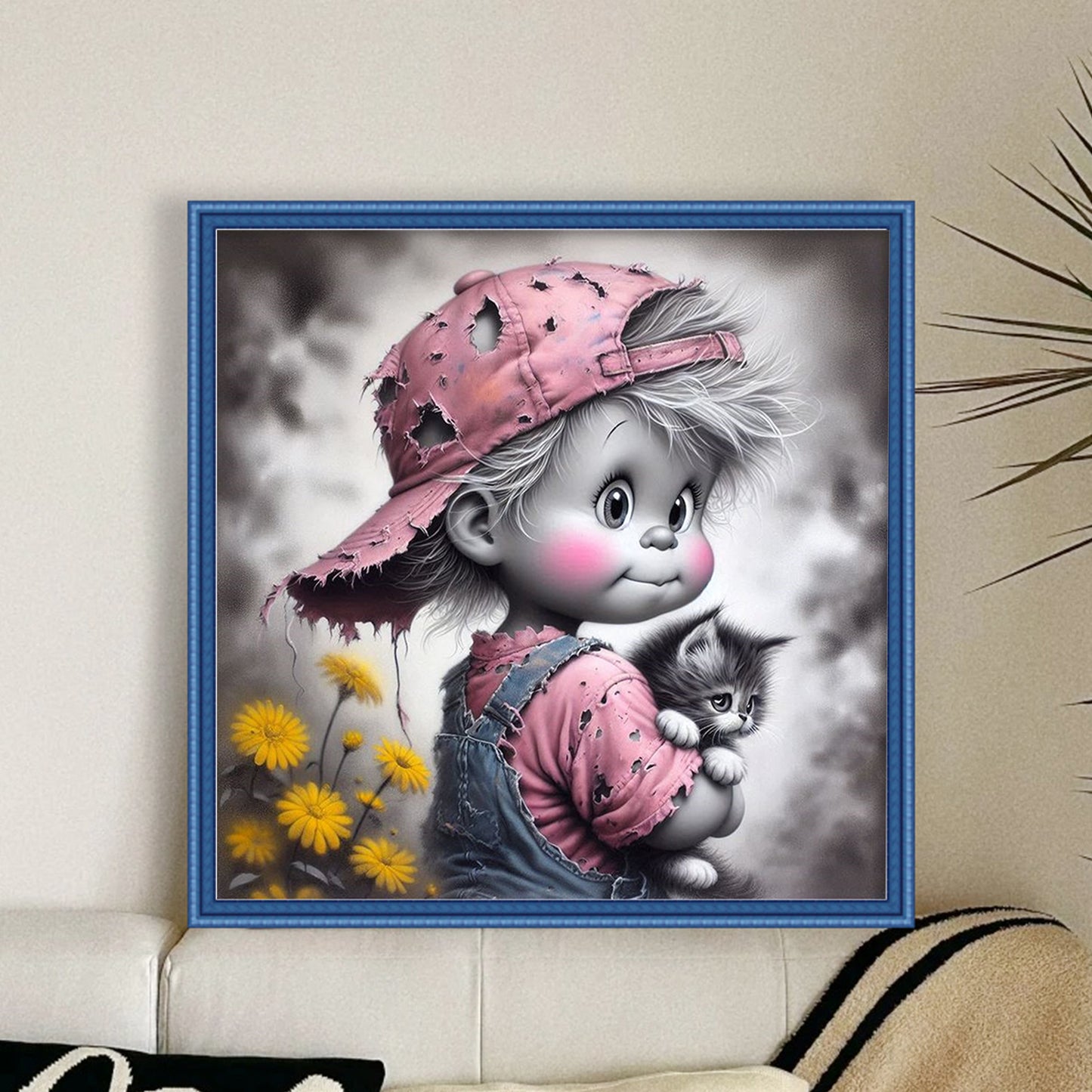 Boy And Cat - Full 11CT Stamped Cross Stitch 45x45CM - Yishu