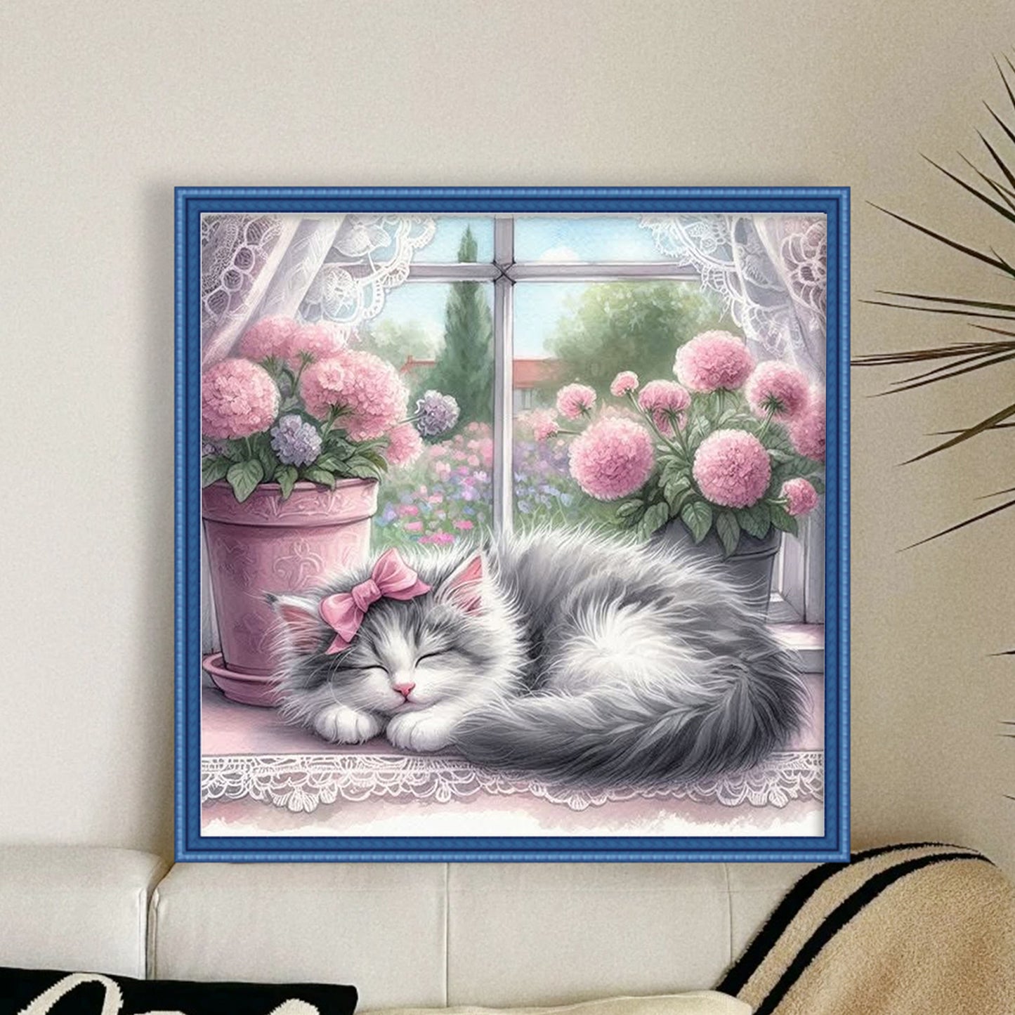 Hydrangea Kitten - Full 11CT Stamped Cross Stitch 40x40CM - Yishu