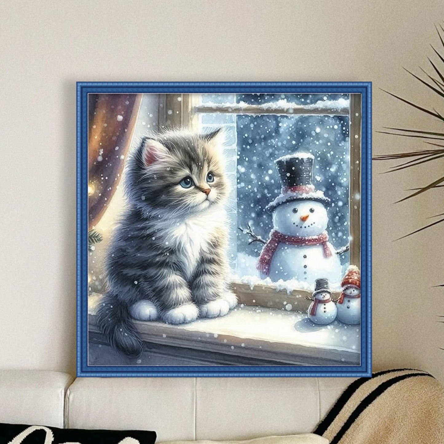 Kitten And Snowman - Full 11CT Stamped Cross Stitch 40x40CM - Yishu