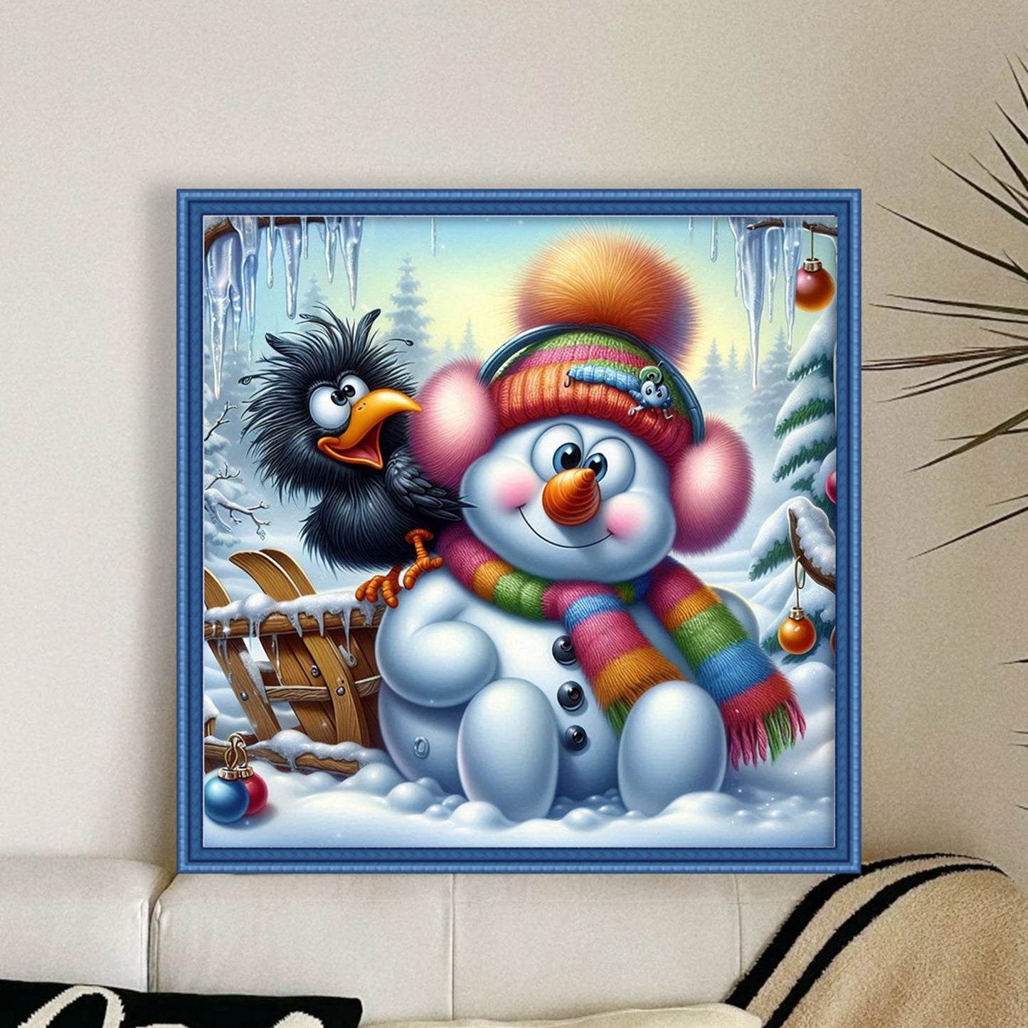 Snowman And Crow - Full 11CT Stamped Cross Stitch 40x40CM - Huacan