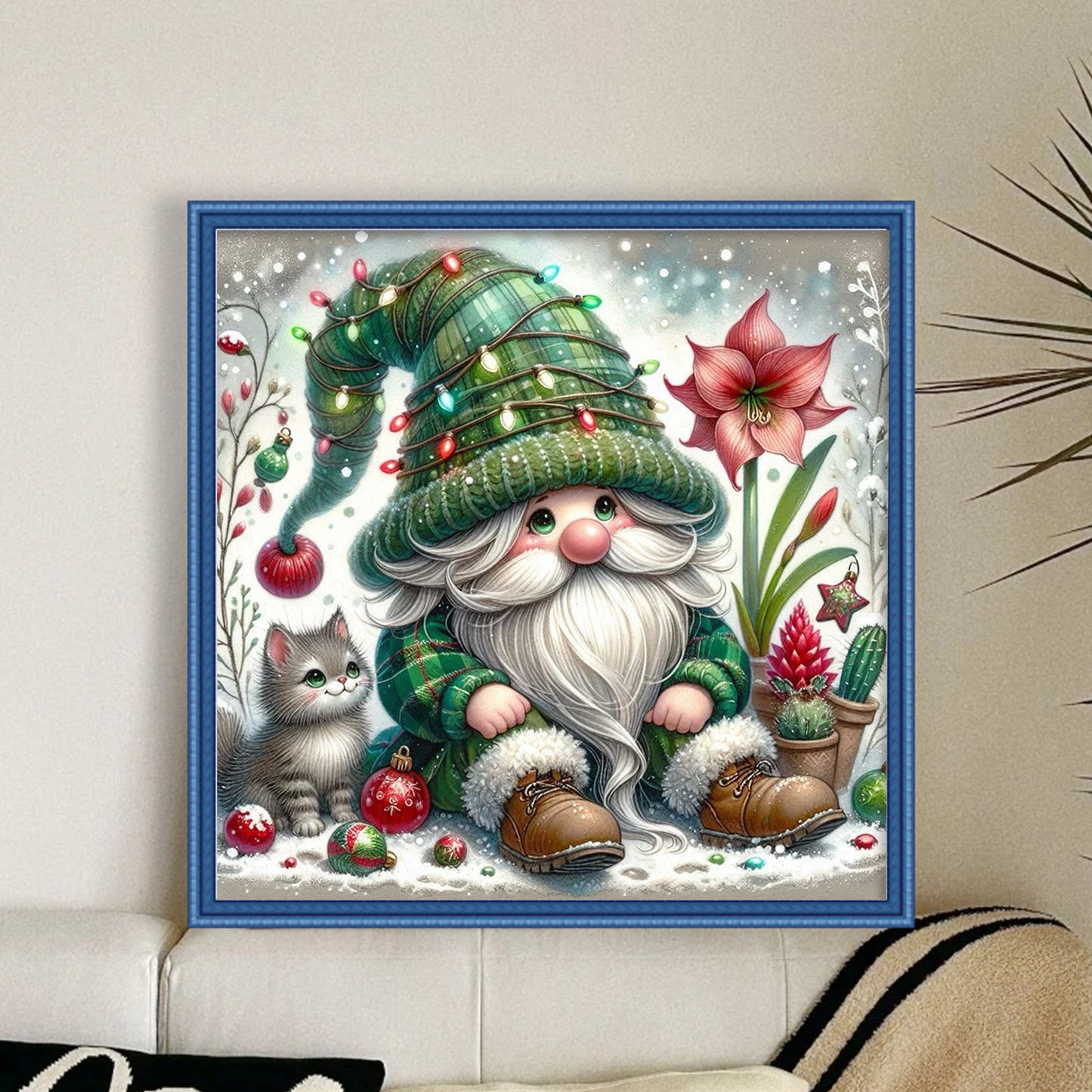 Gnome And Cat - Full 11CT Stamped Cross Stitch 45x45CM - Huacan