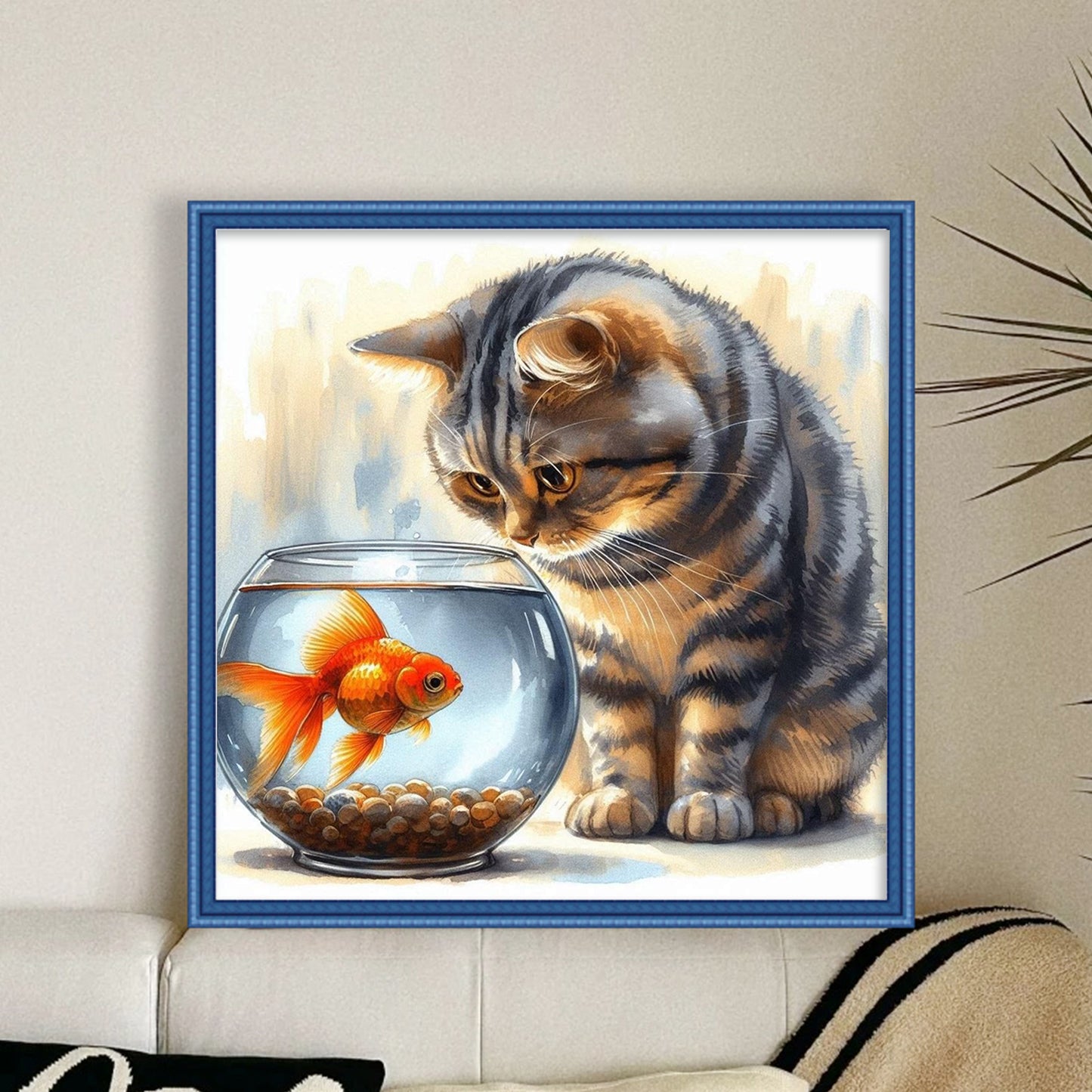 Cat And Fish Tank - Full 11CT Stamped Cross Stitch 40x40CM - Huacan