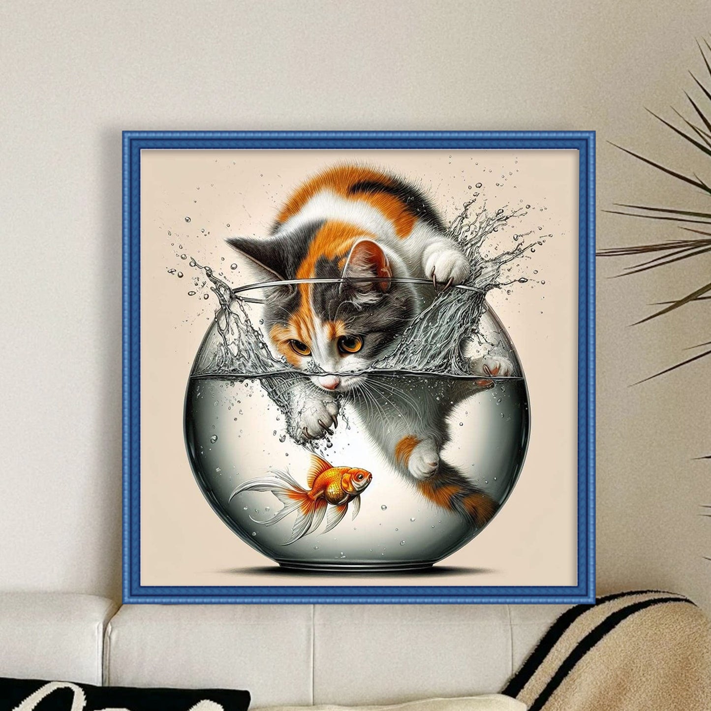 Tricolor Cat Catching Fish - Full 11CT Stamped Cross Stitch 40x40CM - Huacan