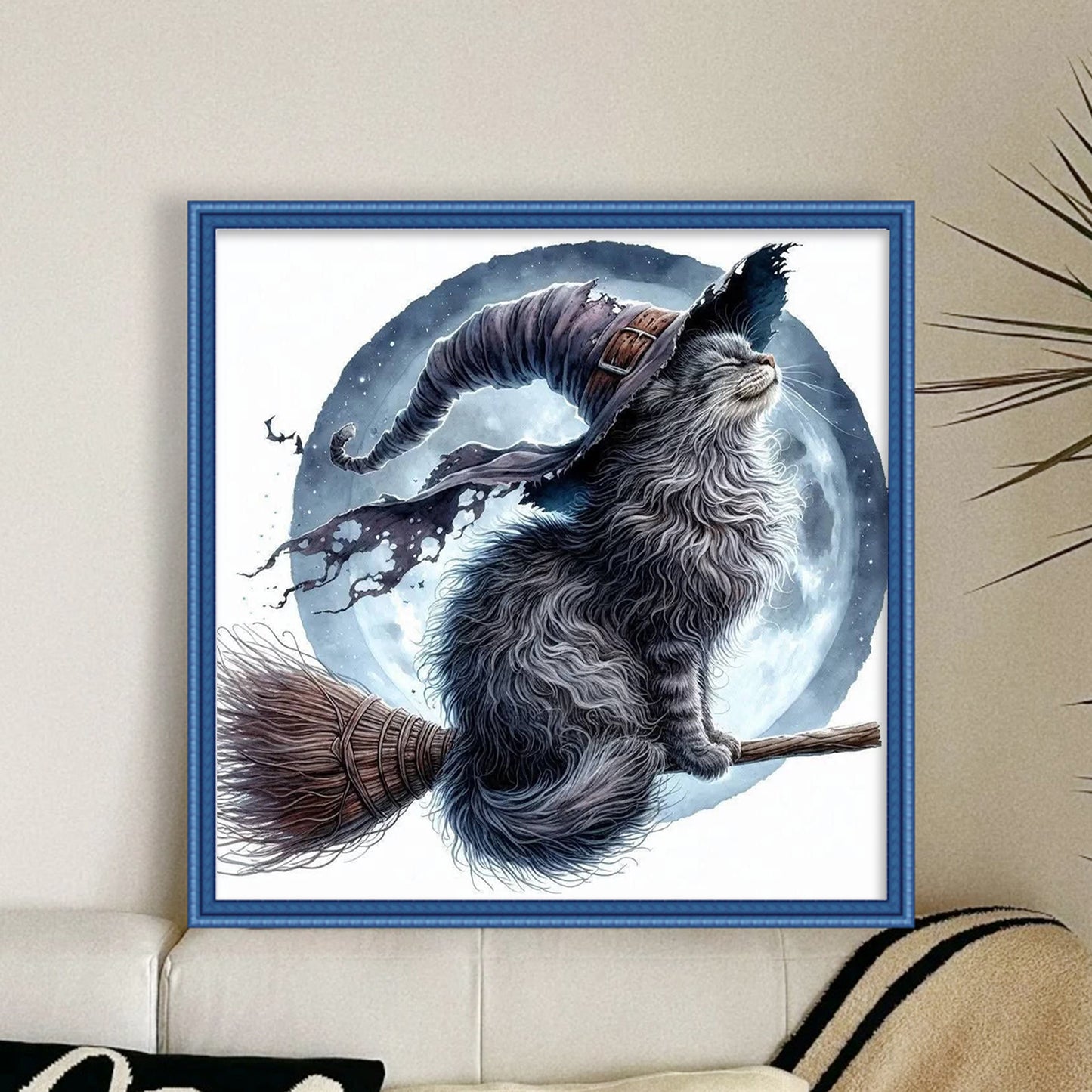 Magic Cat On Broom - Full 11CT Stamped Cross Stitch 40x40CM - Huacan
