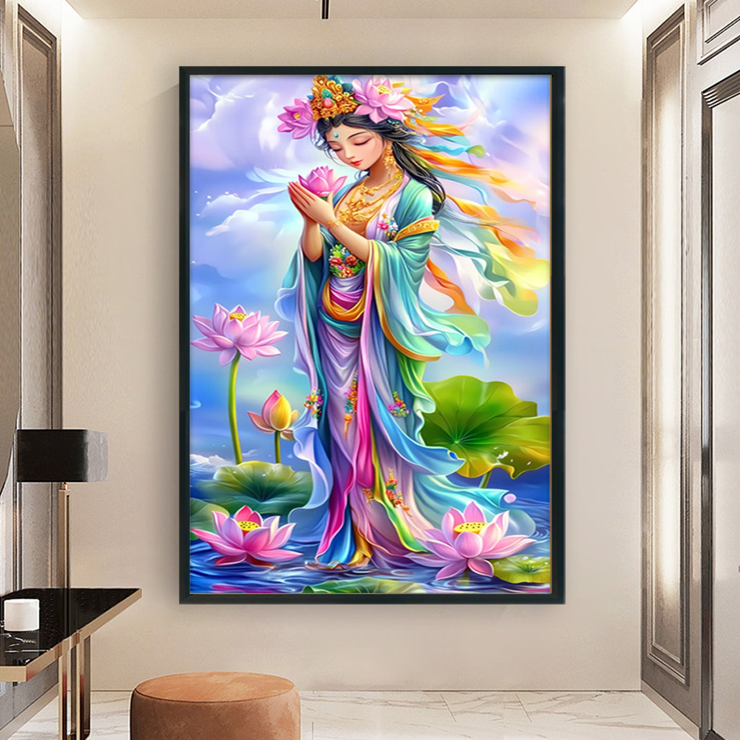 Golden Body Pink Lotus Guanyin - Full 11CT Stamped Cross Stitch 50x75CM - Mona Lisa
