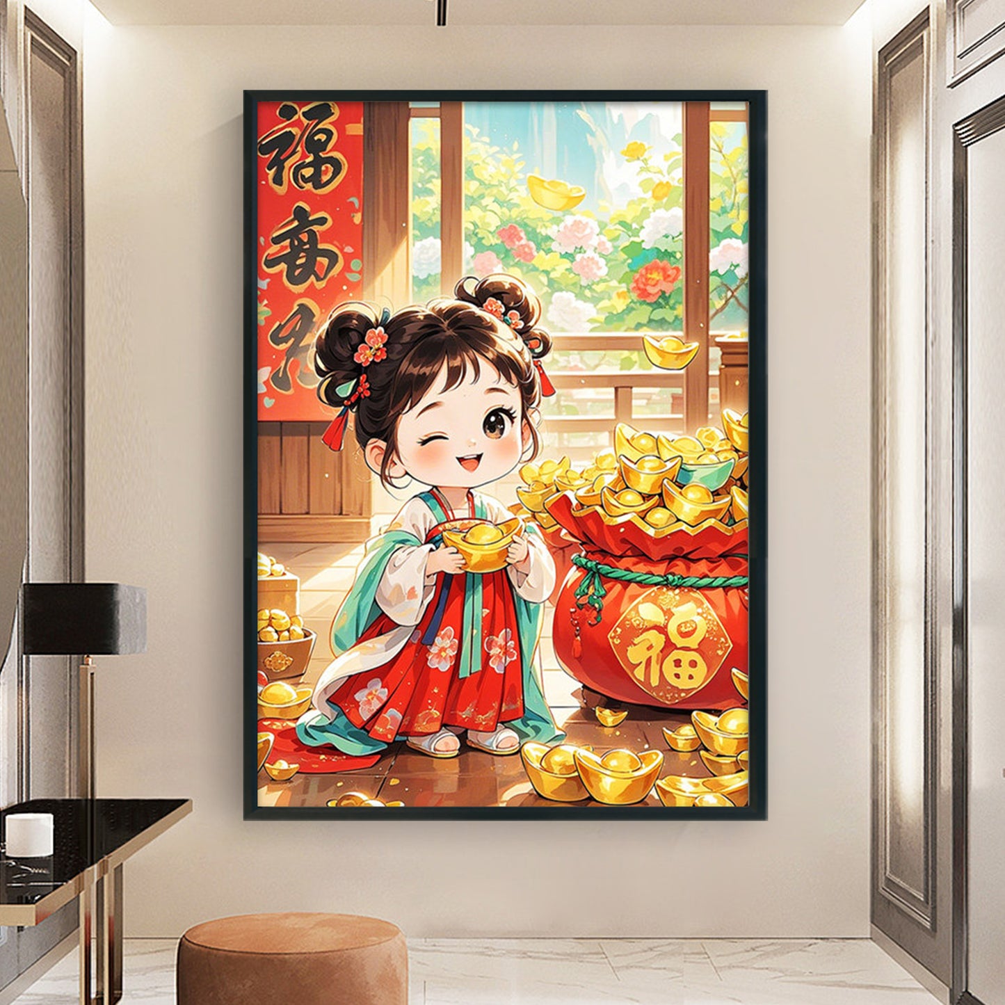 Lucky Bag Girl With Blessing - Full 11CT Stamped Cross Stitch 50x70CM - Mona Lisa