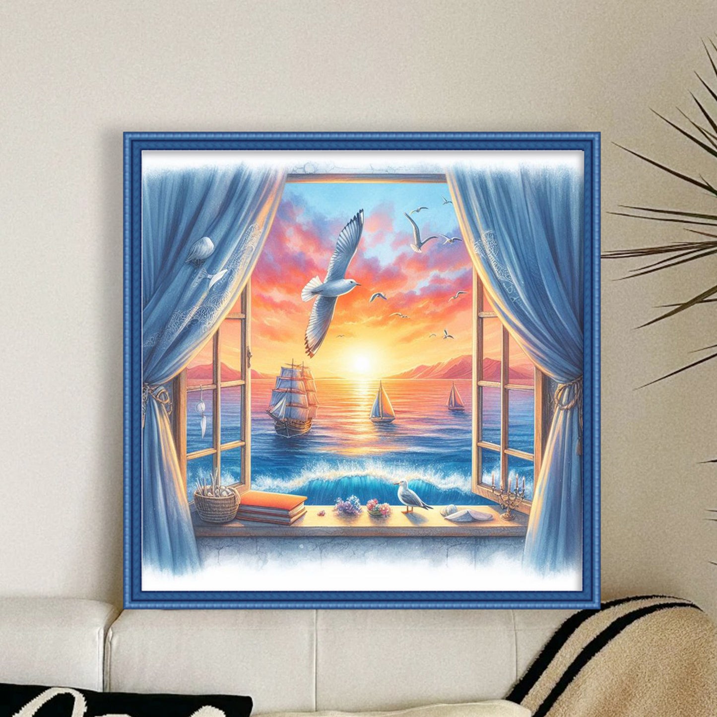Seaview Outside Window - Full 11CT Stamped Cross Stitch 40x40CM - Huacan